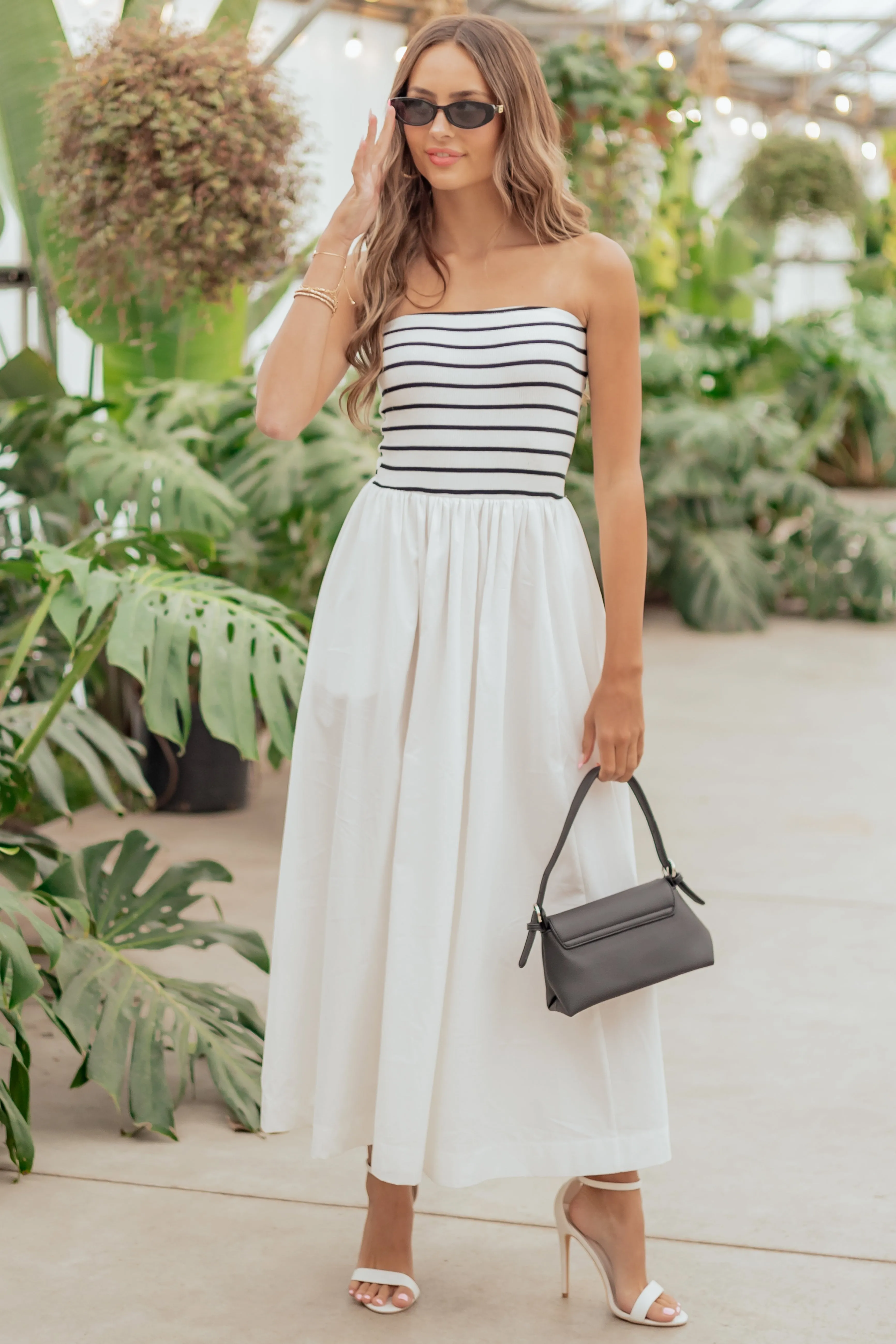 Ivory and Black Striped Strapless Cotton Maxi Dress sold by Lime Lush