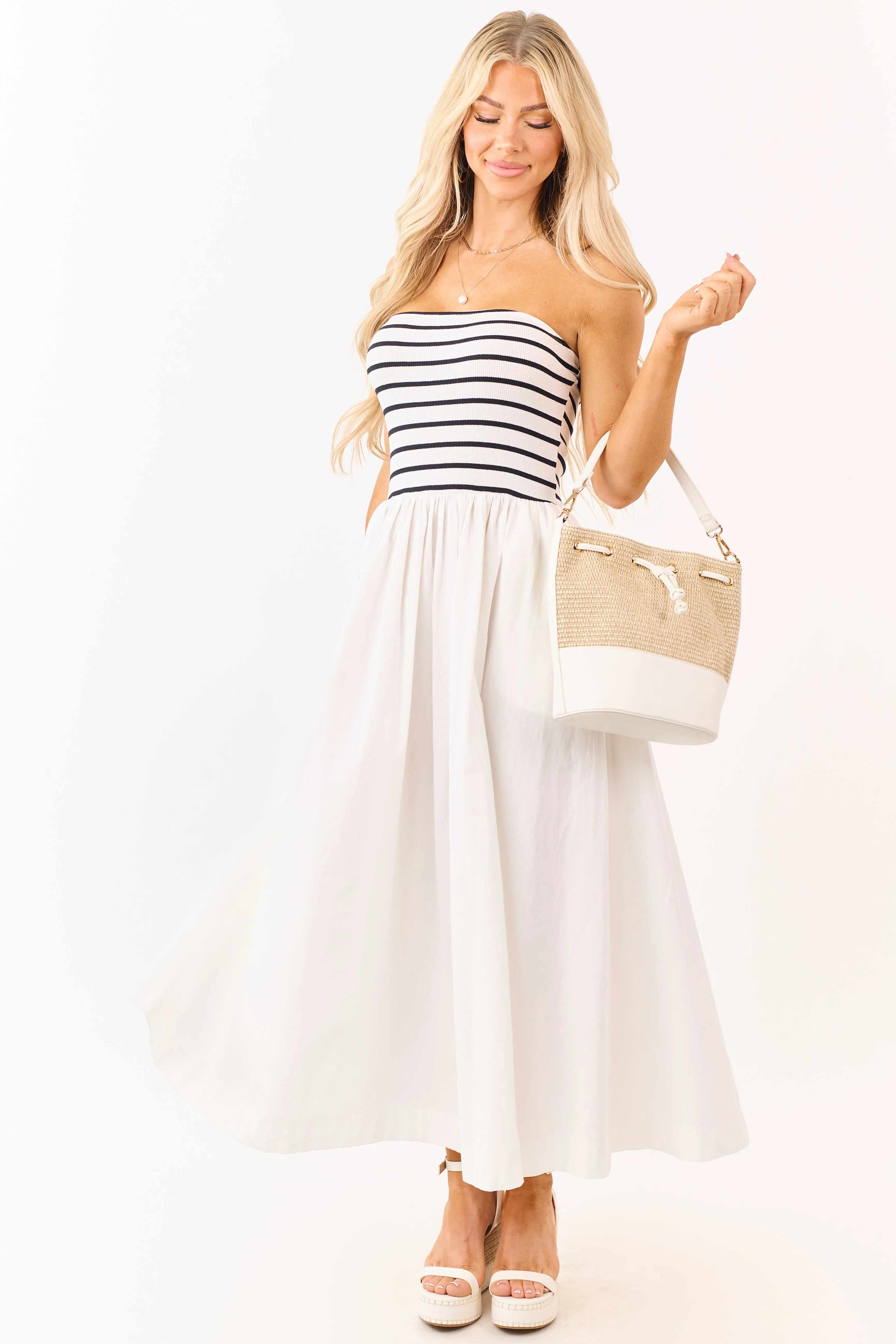 Ivory and Black Striped Strapless Cotton Maxi Dress sold by Lime Lush product image thumbnail 4