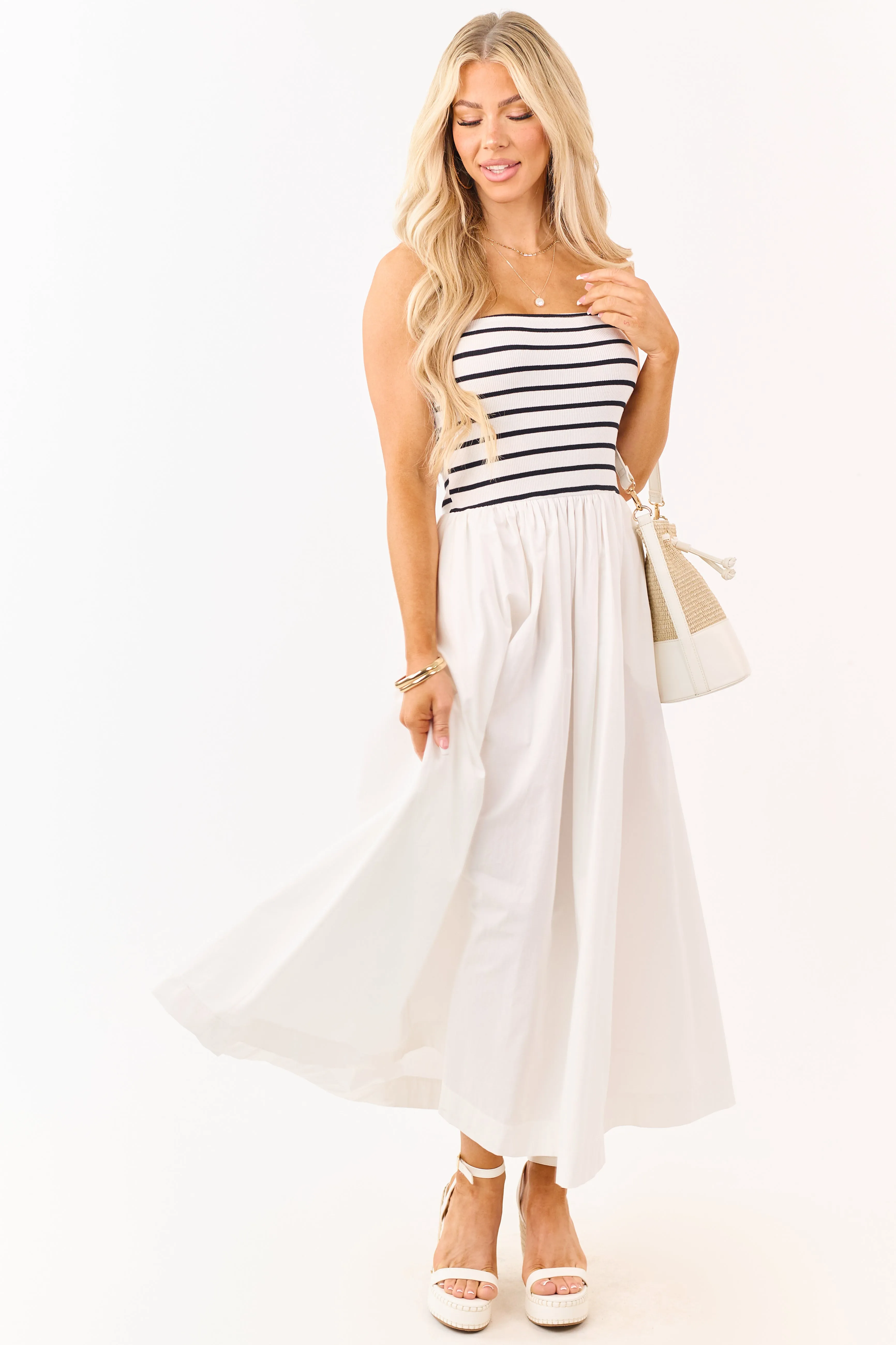 Ivory and Black Striped Strapless Cotton Maxi Dress sold by Lime Lush product image thumbnail 5
