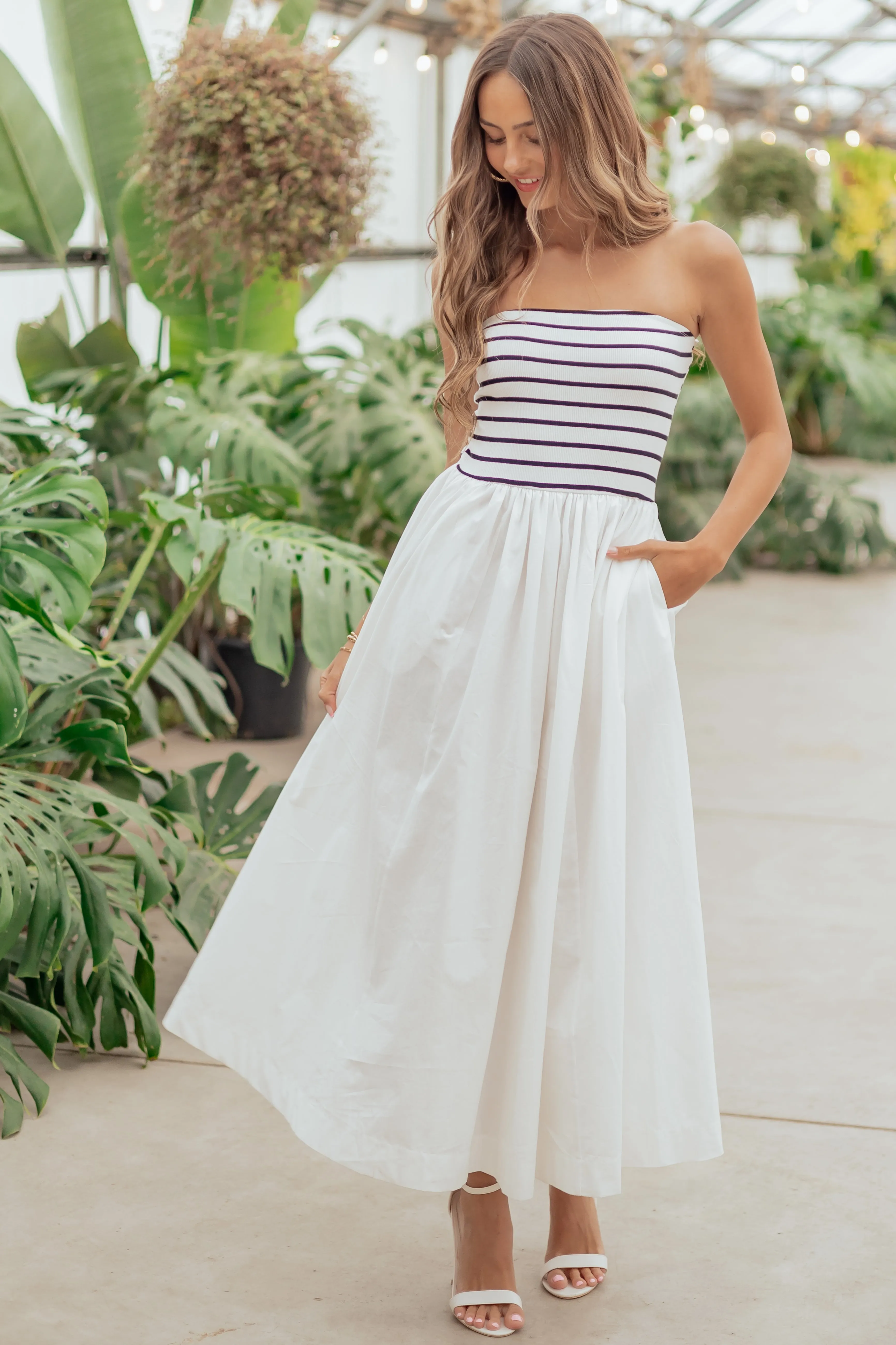 Ivory and Black Striped Strapless Cotton Maxi Dress sold by Lime Lush product image thumbnail 2