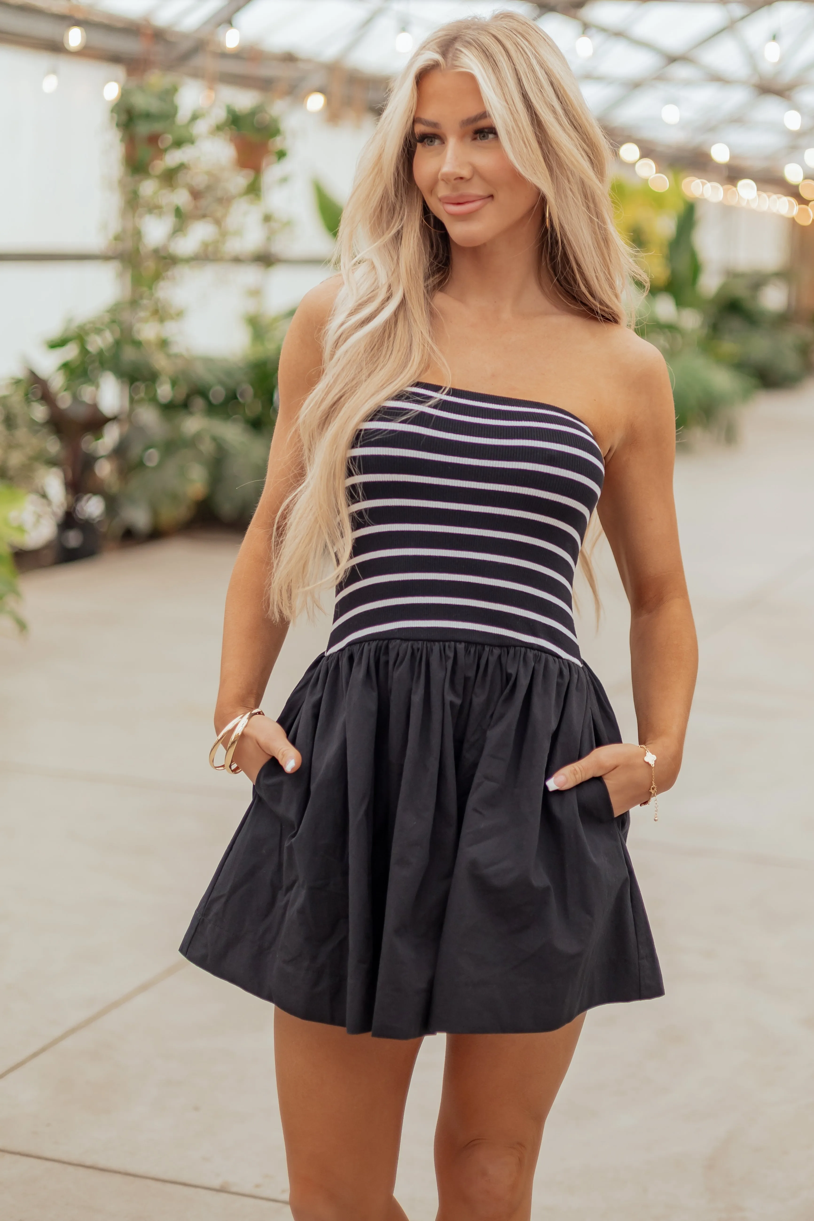 Black and Ivory Striped Strapless Cotton Mini Dress sold by Lime Lush