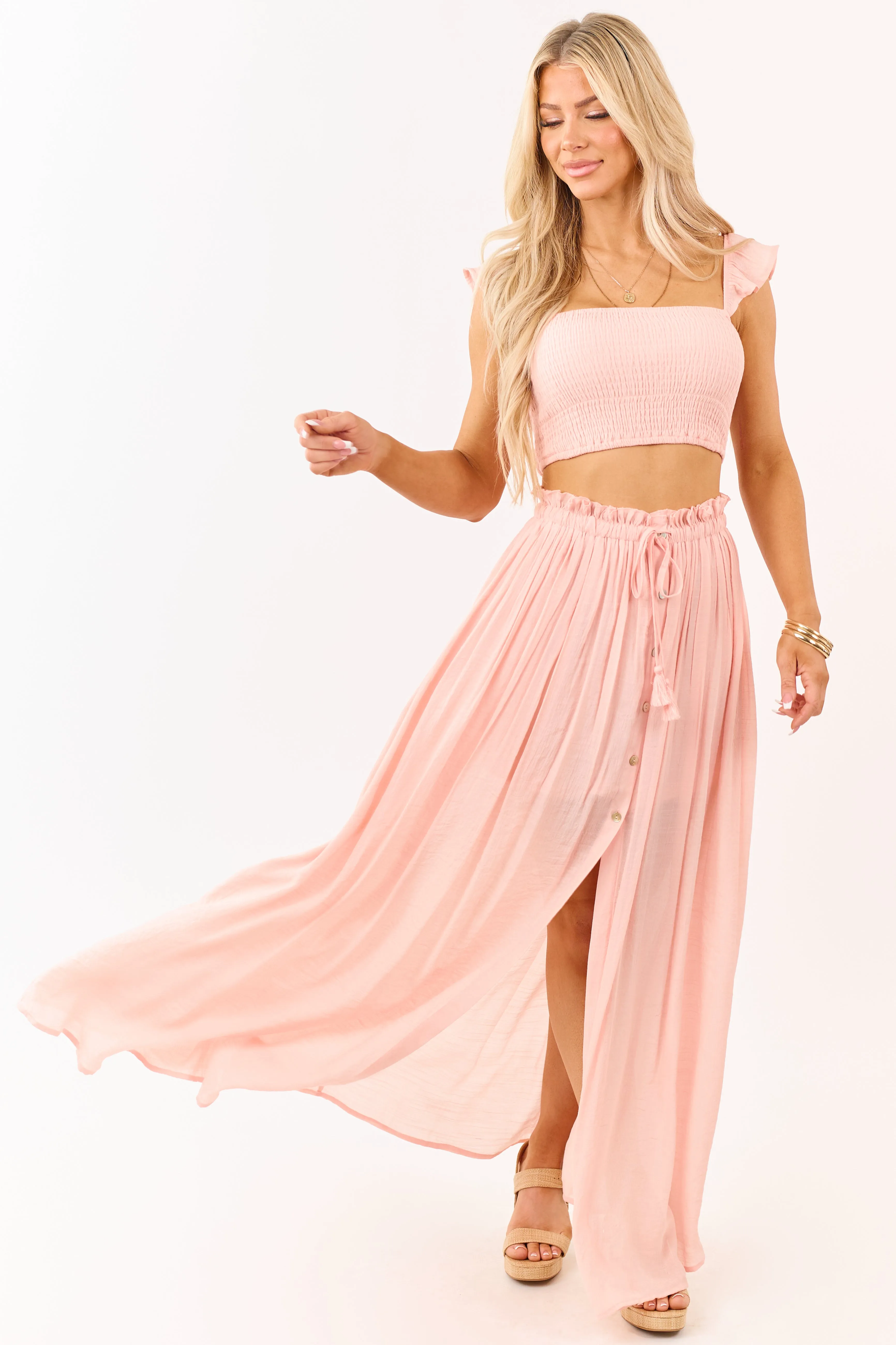 Peach Smocked Crop Top and Maxi Skirt Set sold by Lime Lush