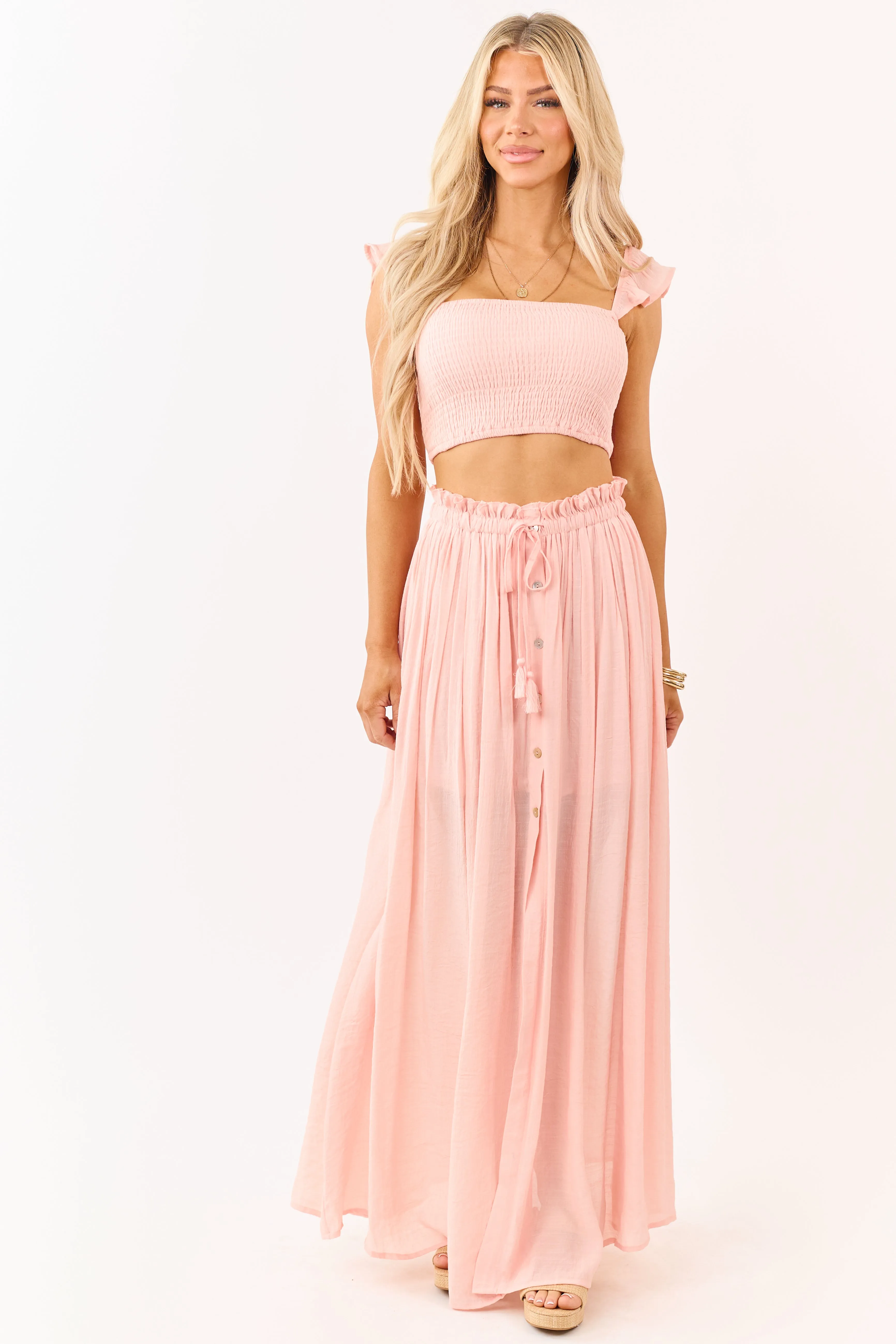 Peach Smocked Crop Top and Maxi Skirt Set sold by Lime Lush product image thumbnail 2