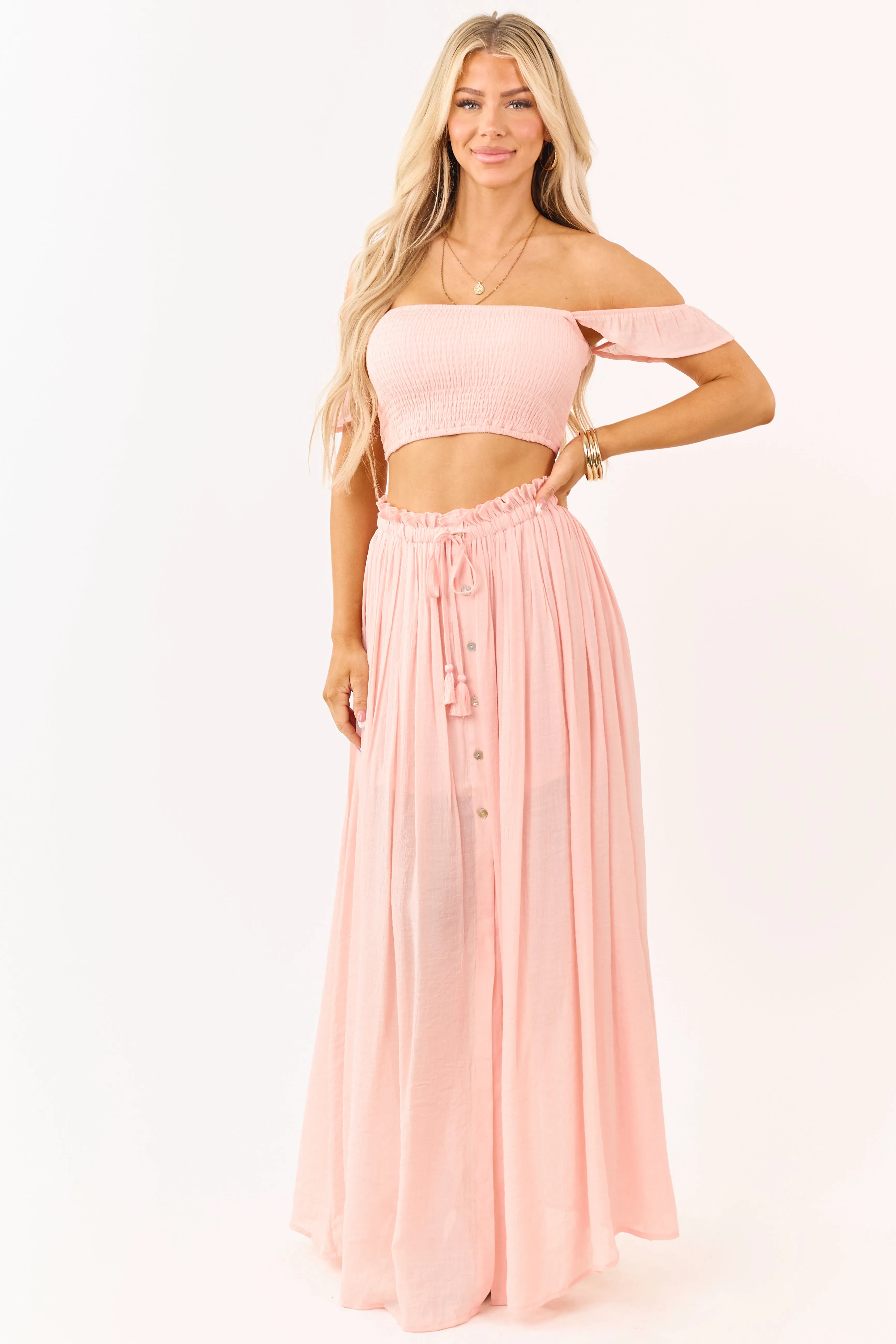 Peach Smocked Crop Top and Maxi Skirt Set sold by Lime Lush product image thumbnail 4