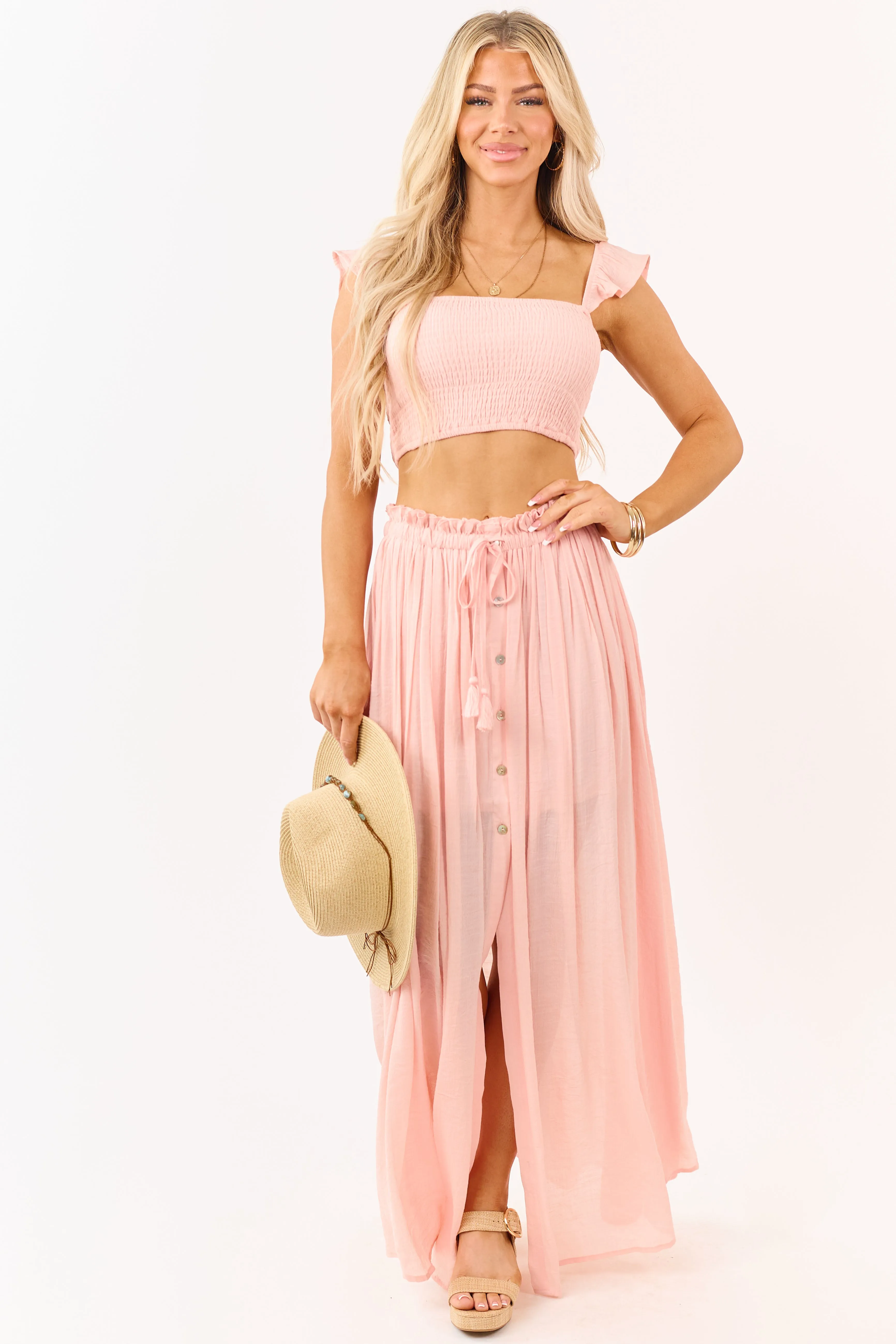 Peach Smocked Crop Top and Maxi Skirt Set sold by Lime Lush product image thumbnail 3