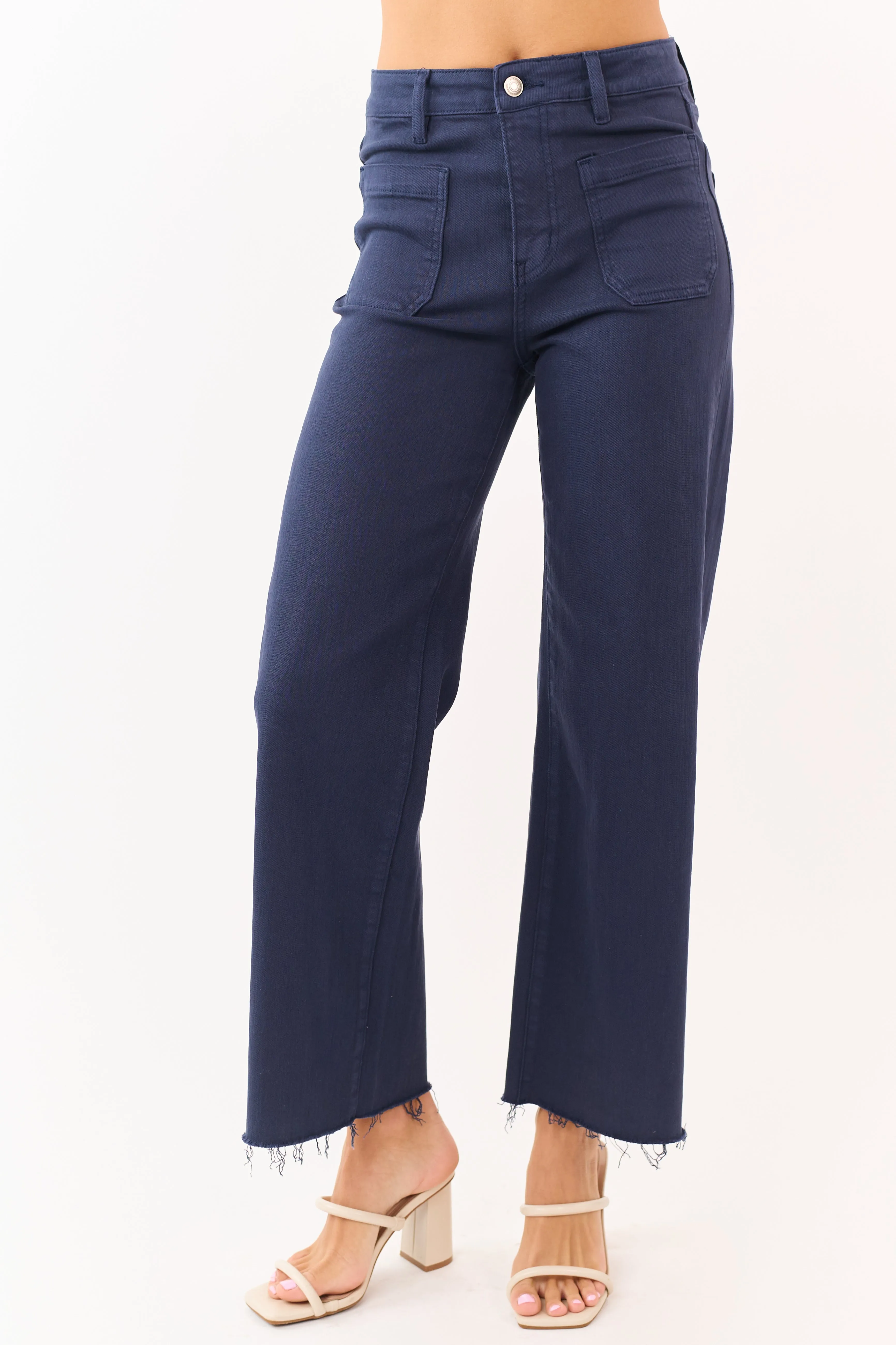Mica Denim Navy Stretchy Raw Hem Wide Leg Jeans sold by Lime Lush