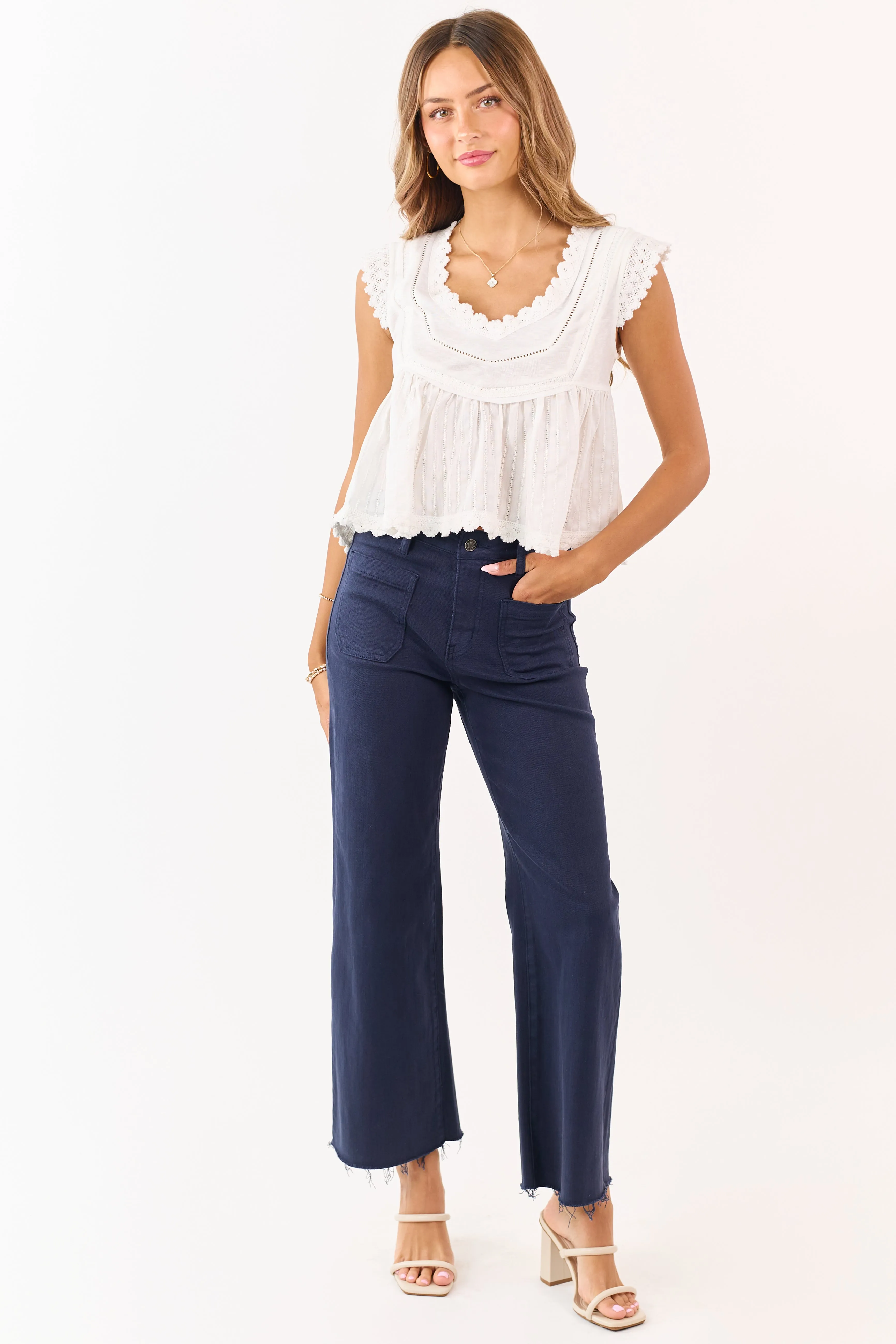 Mica Denim Navy Stretchy Raw Hem Wide Leg Jeans sold by Lime Lush product image thumbnail 5
