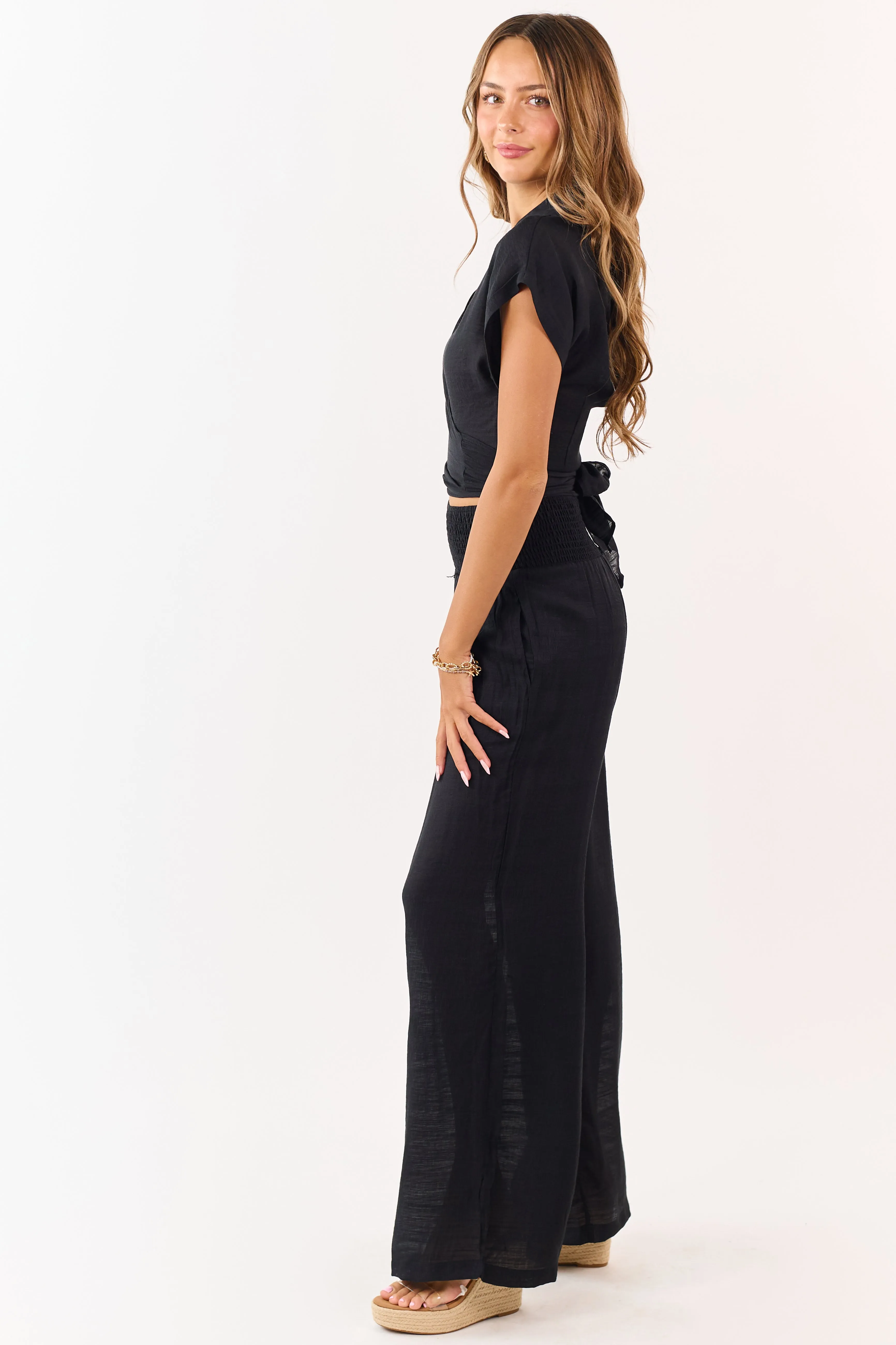 Black Tie Front Top and Wide Leg Pants Set sold by Lime Lush product image thumbnail 4