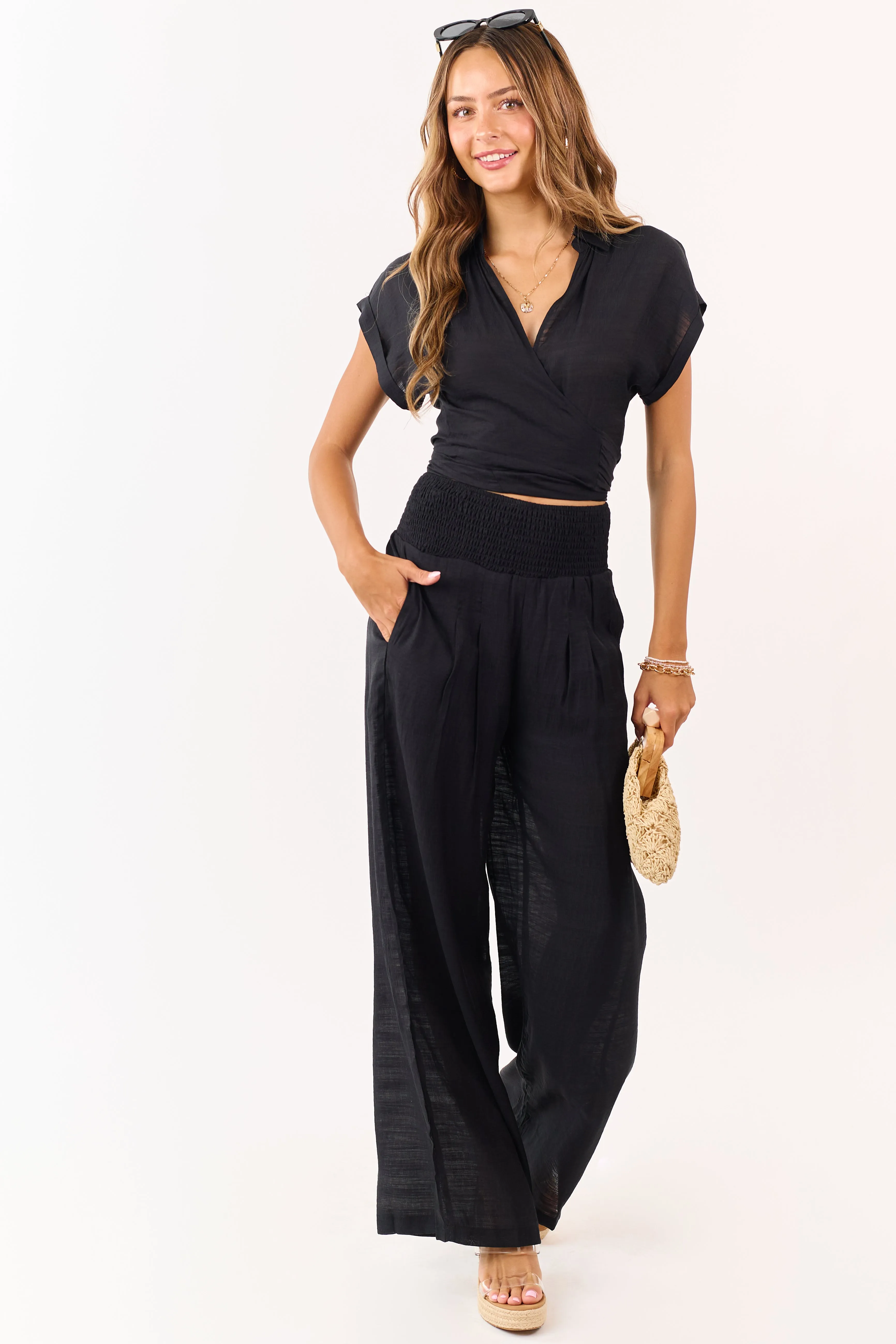 Black Tie Front Top and Wide Leg Pants Set sold by Lime Lush product image thumbnail 2