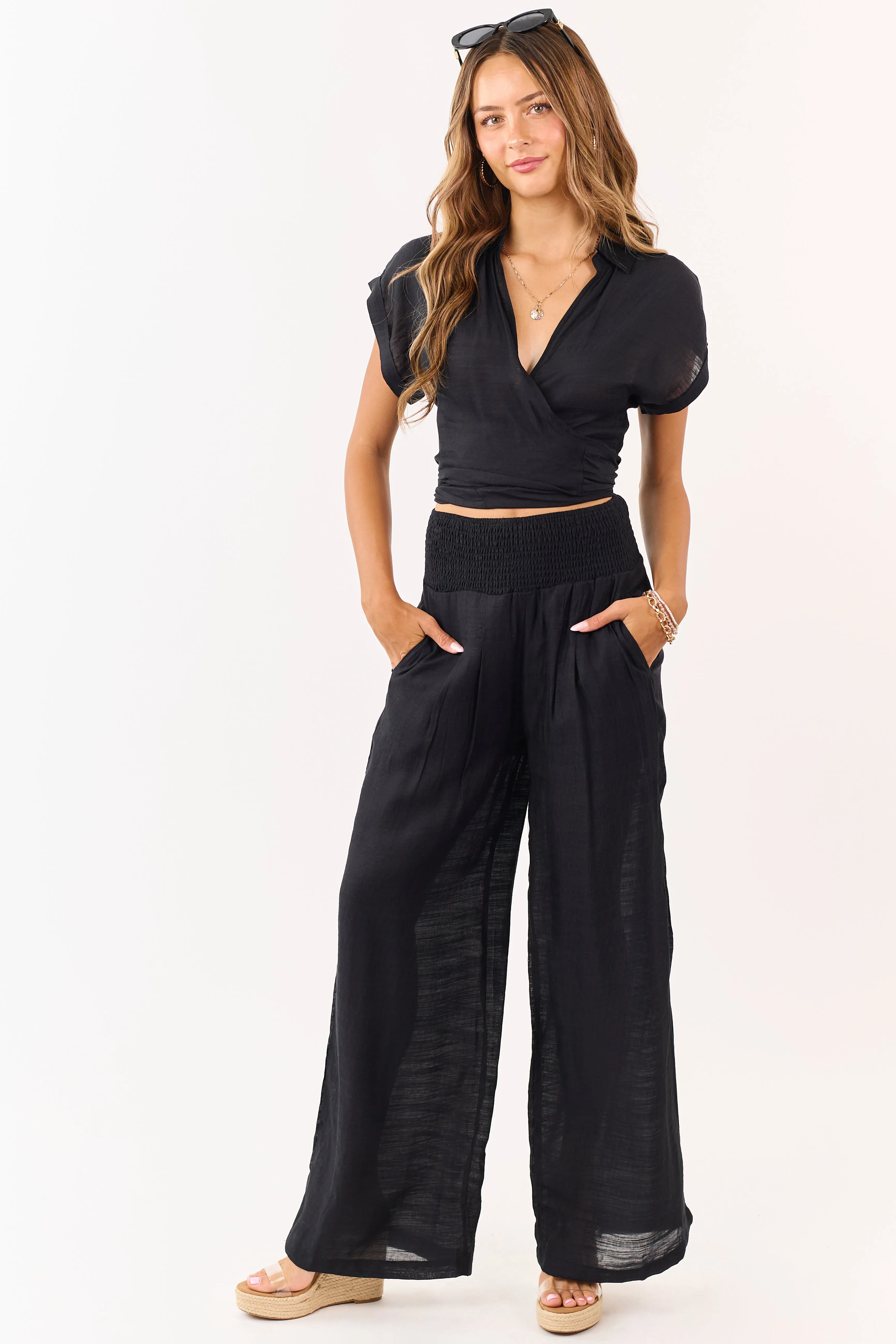 Black Tie Front Top and Wide Leg Pants Set sold by Lime Lush