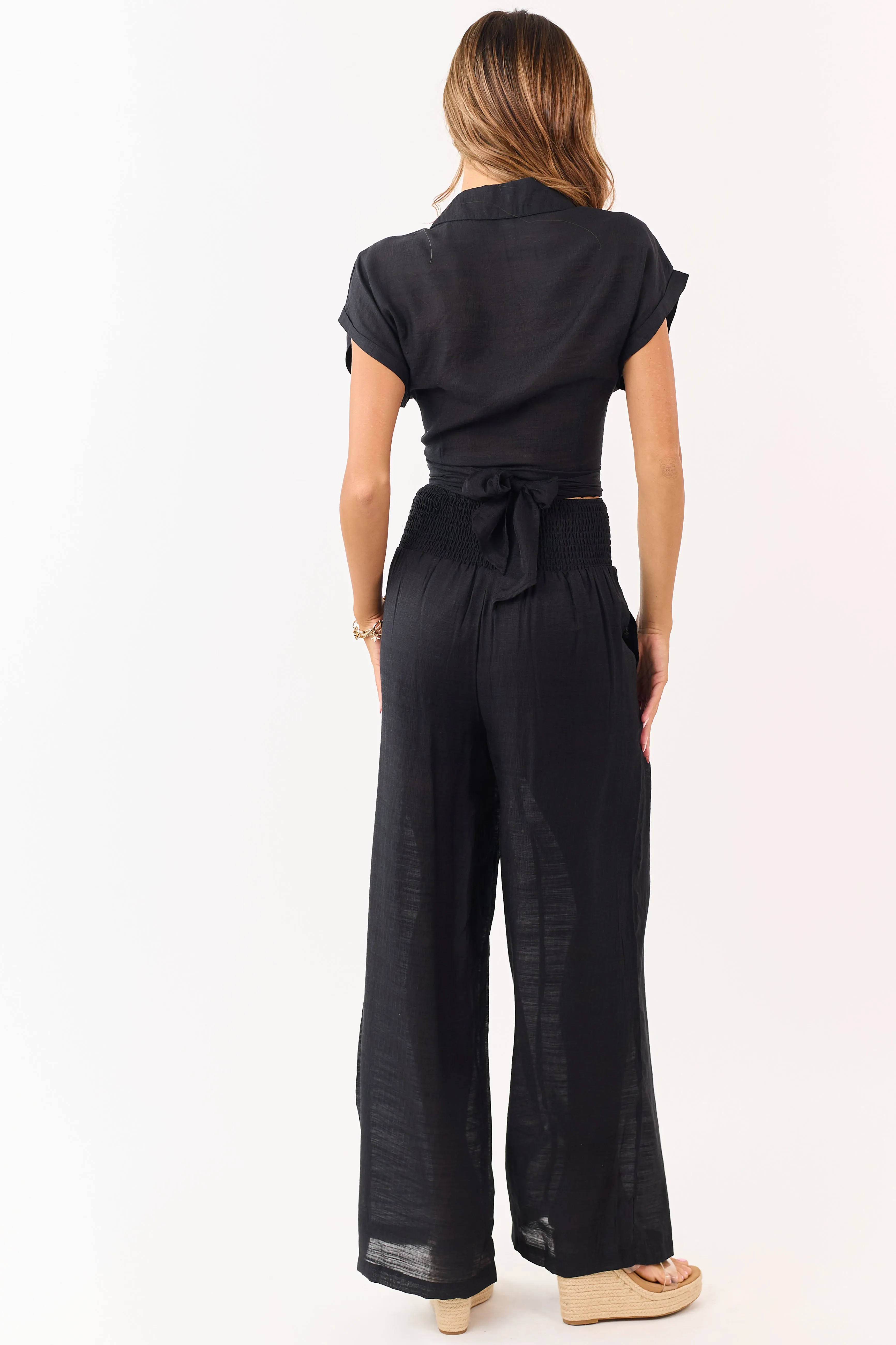 Black Tie Front Top and Wide Leg Pants Set sold by Lime Lush product image thumbnail 5
