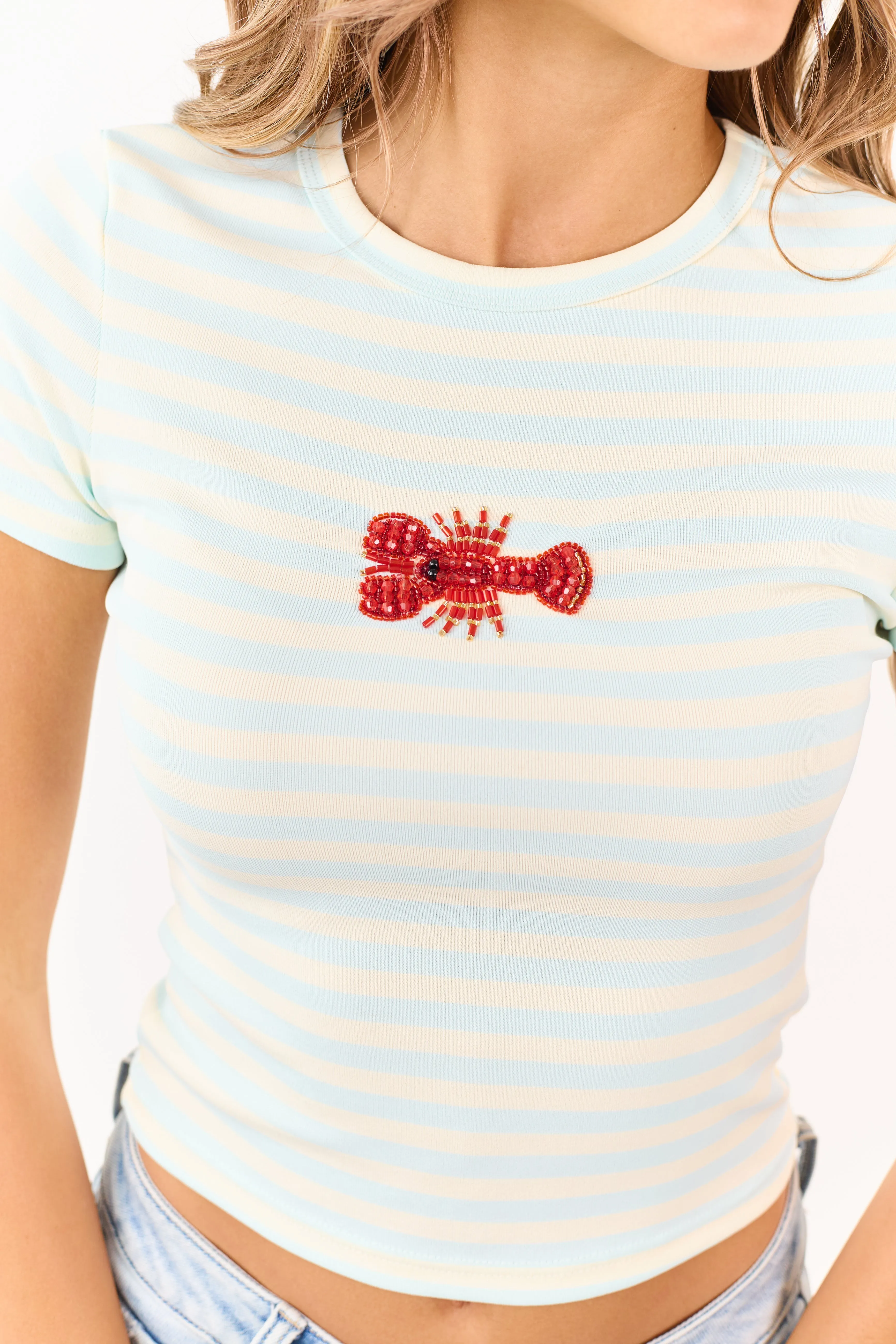 Arctic Blue Striped Beaded Lobster Graphic Tee sold by Lime Lush