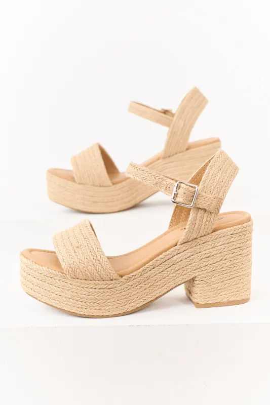 Beige Raffia Platform Ankle Strap Block Heels made by Lime Lush