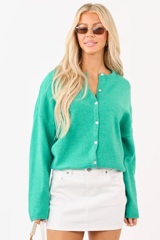 Kelly Green Soft Rib Knit Button Down Cardigan made by Le Lis