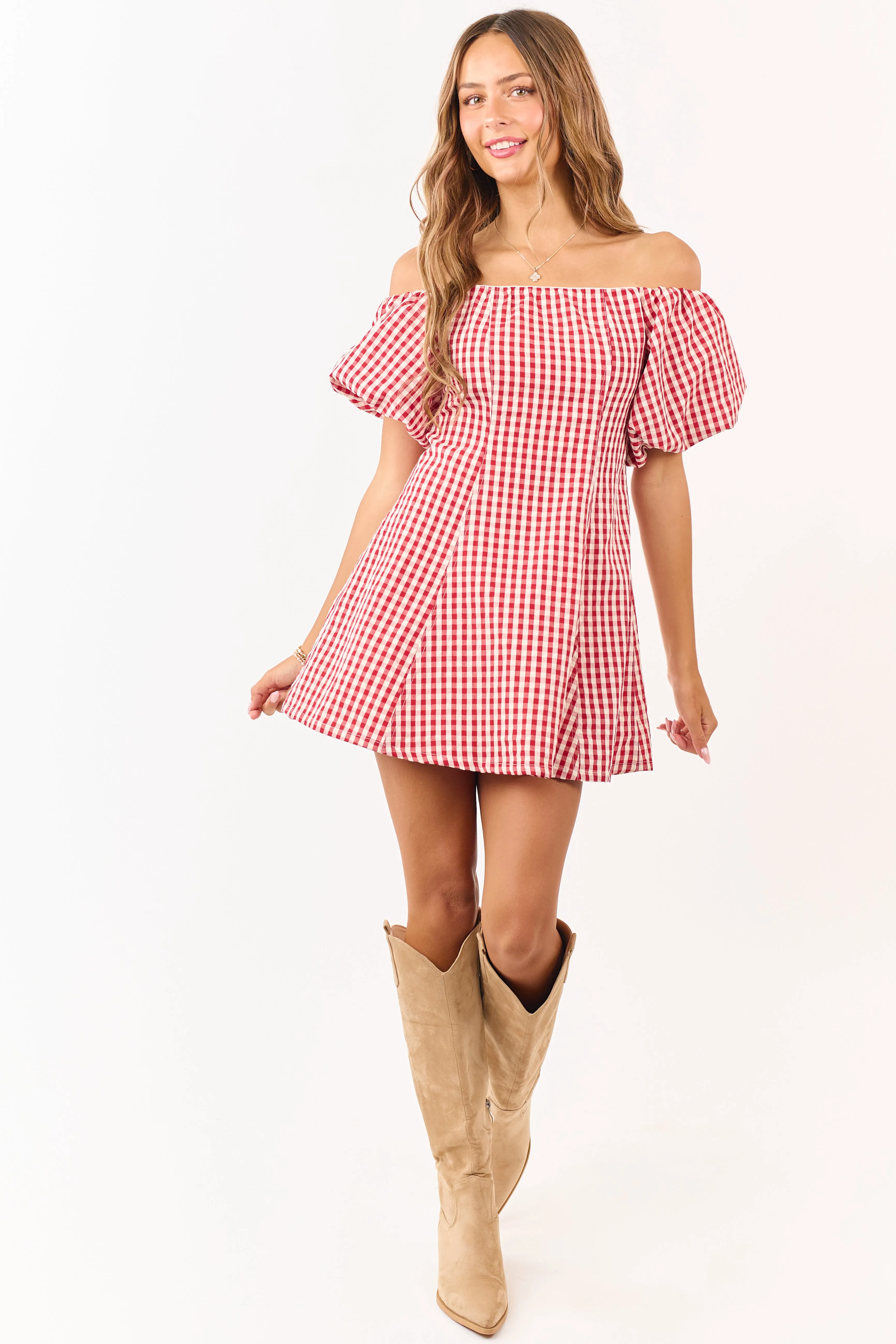Cream and Burgundy Gingham Off Shoulder Mini Dress sold by Lime Lush product image thumbnail 2