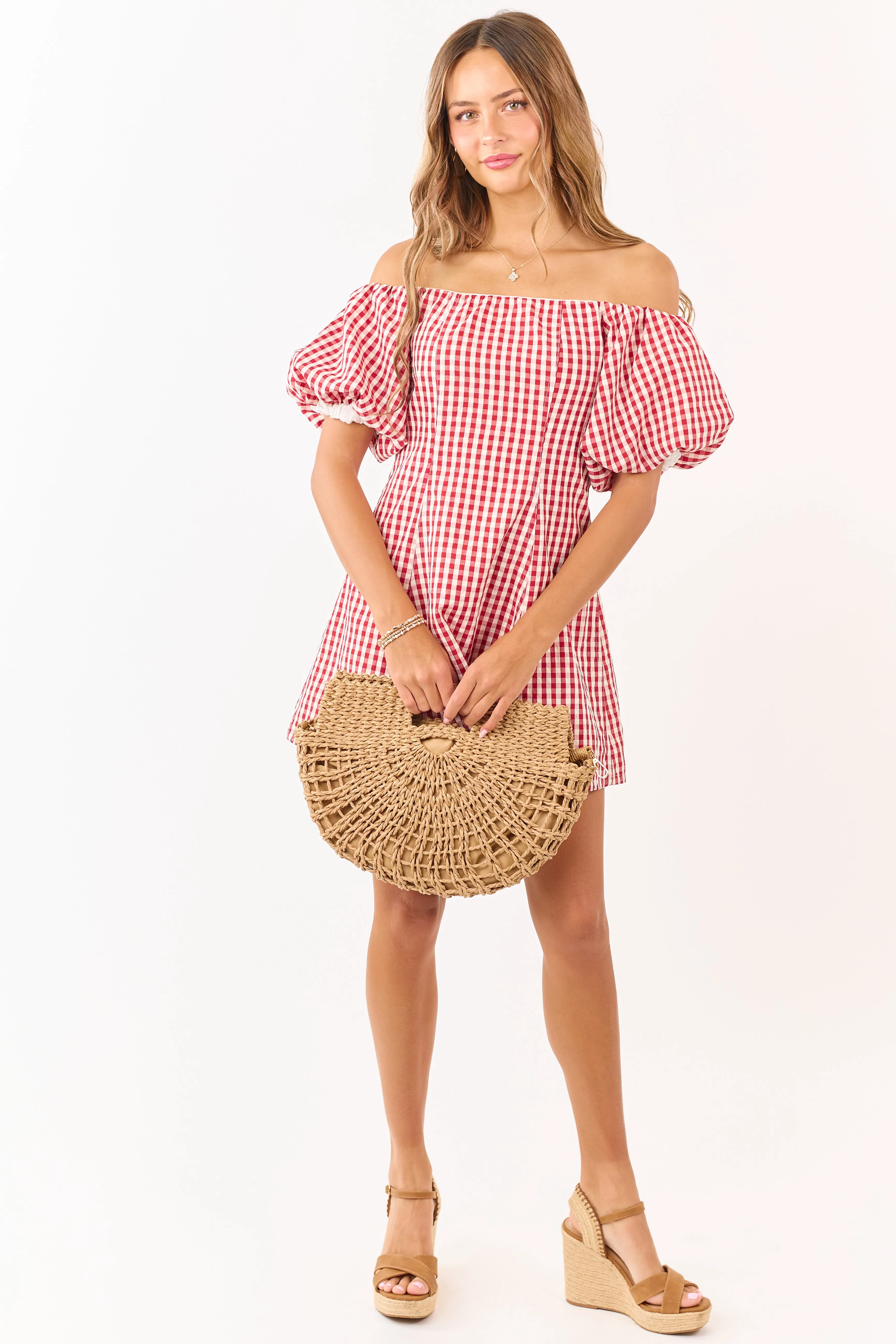 Cream and Burgundy Gingham Off Shoulder Mini Dress sold by Lime Lush product image thumbnail 4