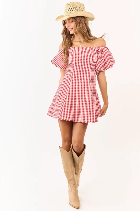 Cream and Burgundy Gingham Off Shoulder Mini Dress sold by Lime Lush