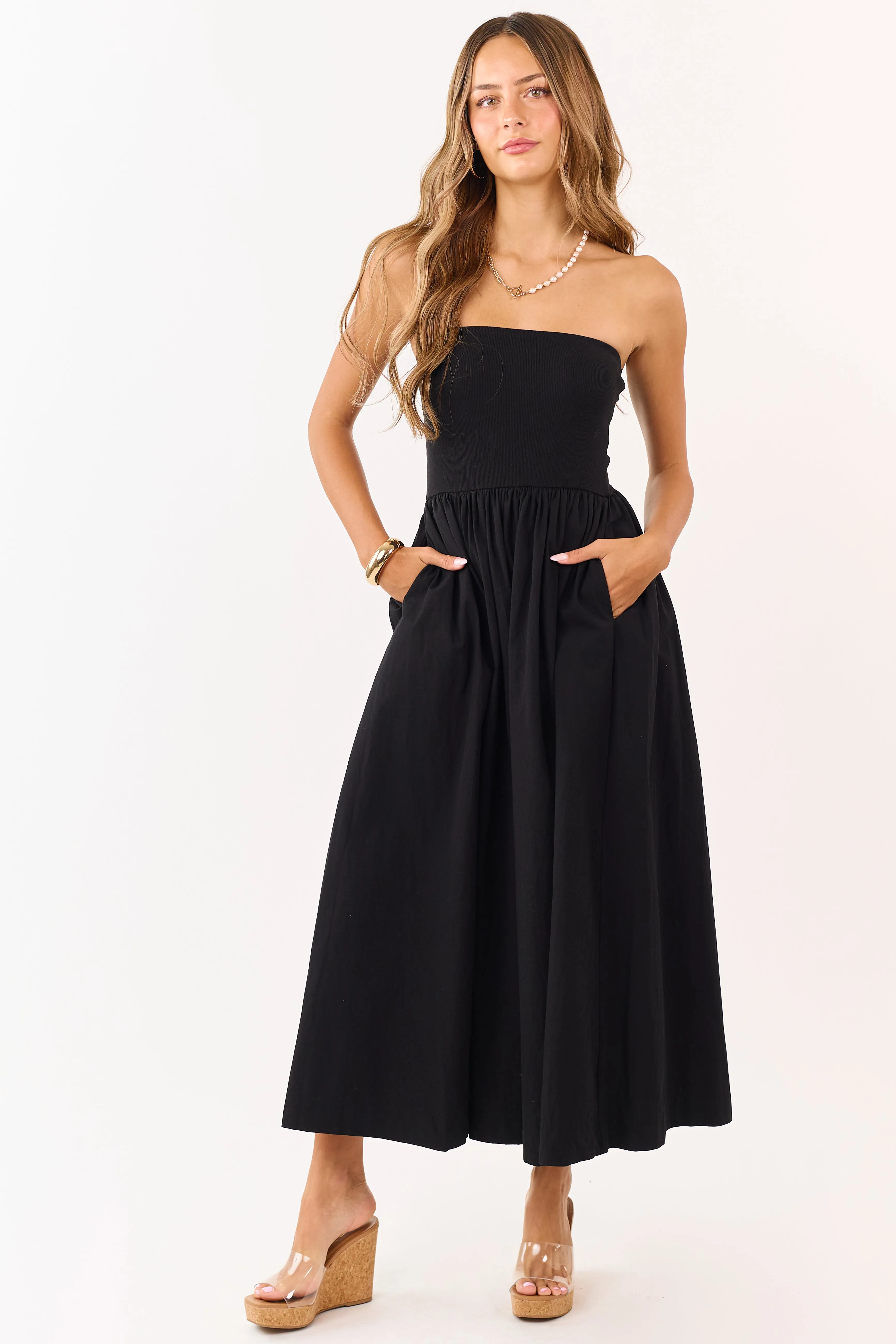 Black Strapless Knit Contrast Cotton Maxi Dress sold by Lime Lush product image thumbnail 3