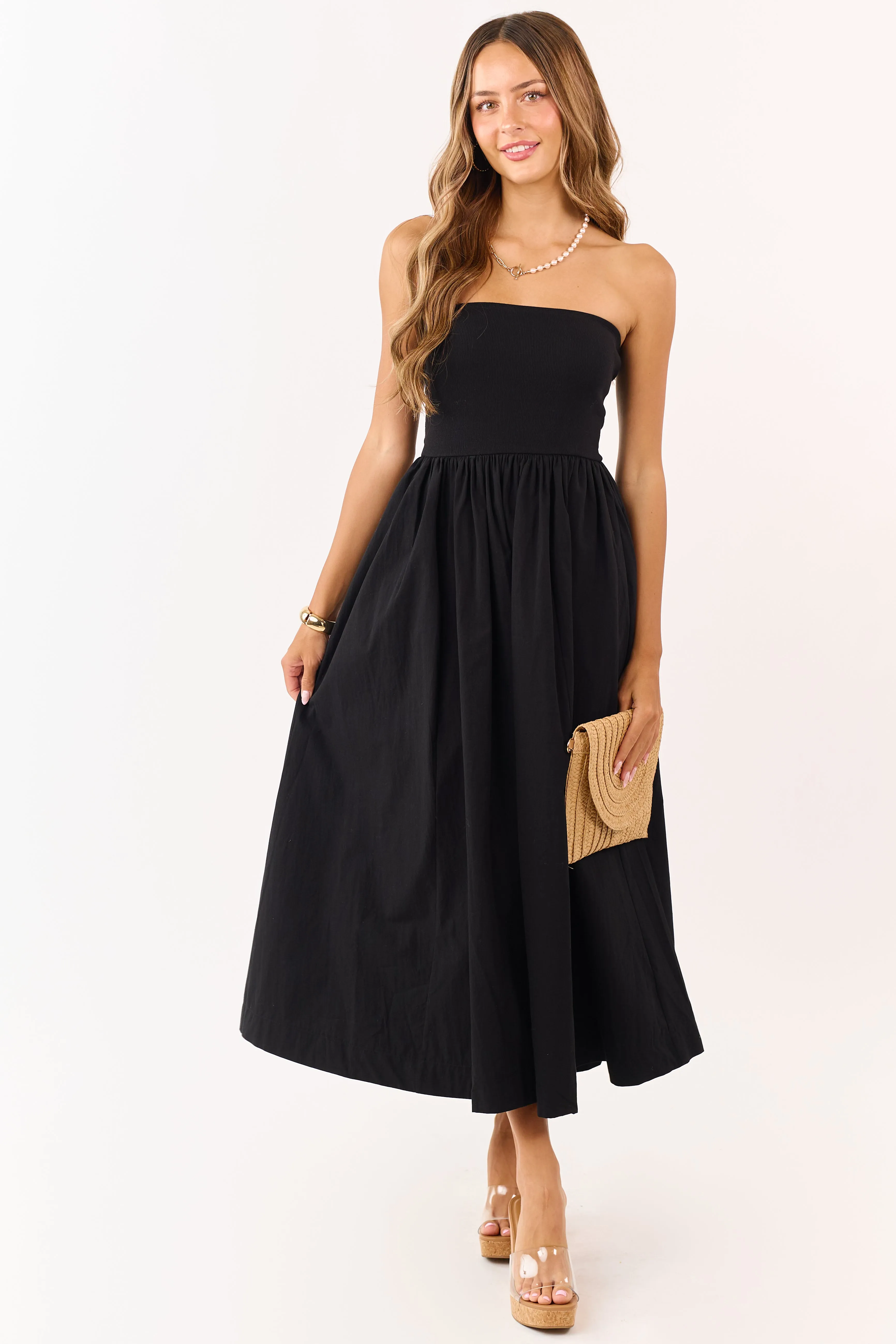 Black Strapless Knit Contrast Cotton Maxi Dress sold by Lime Lush