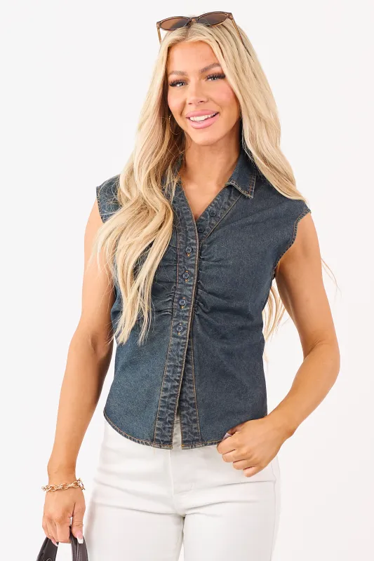 Dark Wash Button Down Ruched Sleeveless Top made by HYFVE