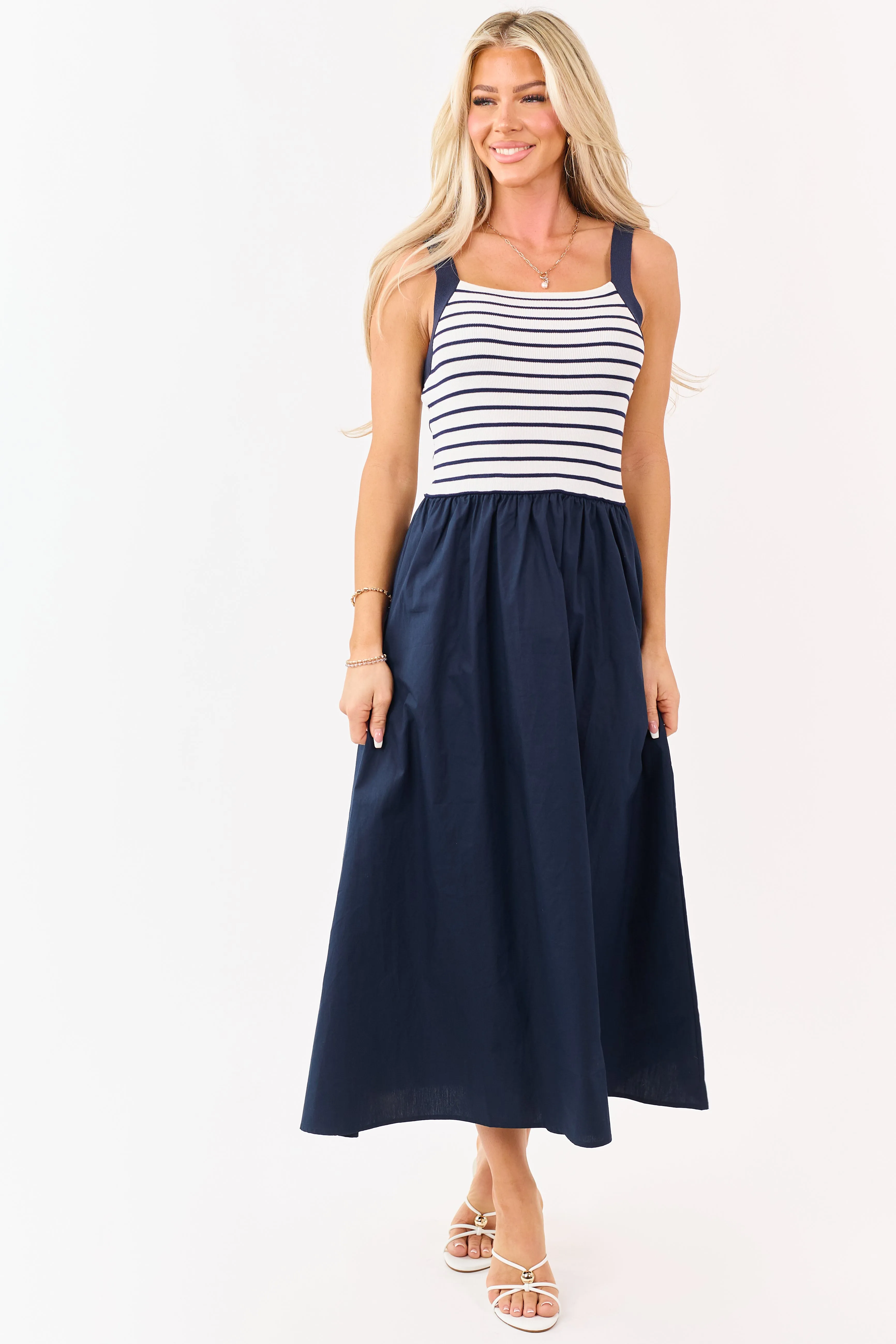 Navy Striped Knit Contrast Cotton Skirt Midi Dress sold by Lime Lush product image thumbnail 2