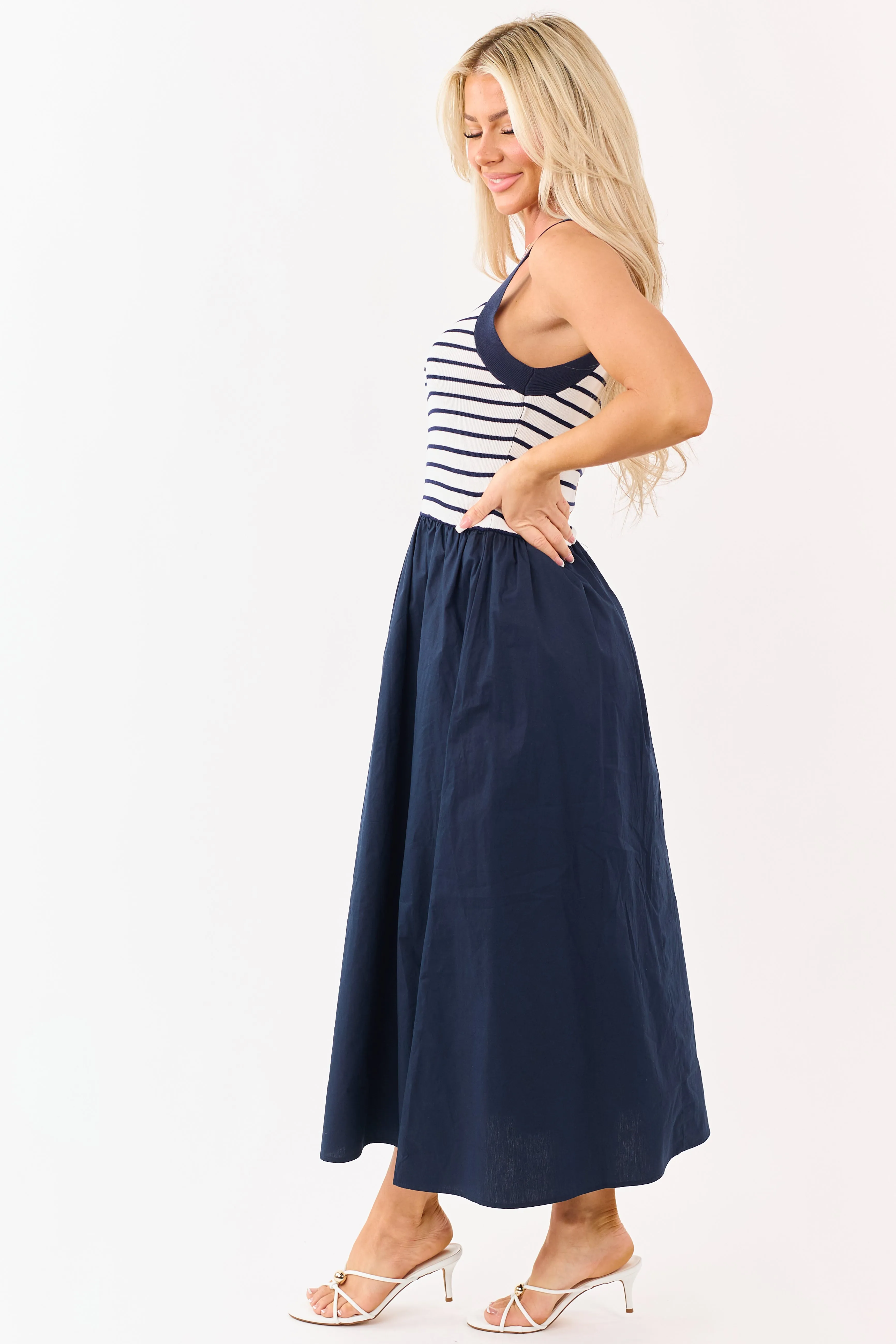 Navy Striped Knit Contrast Cotton Skirt Midi Dress sold by Lime Lush product image thumbnail 4
