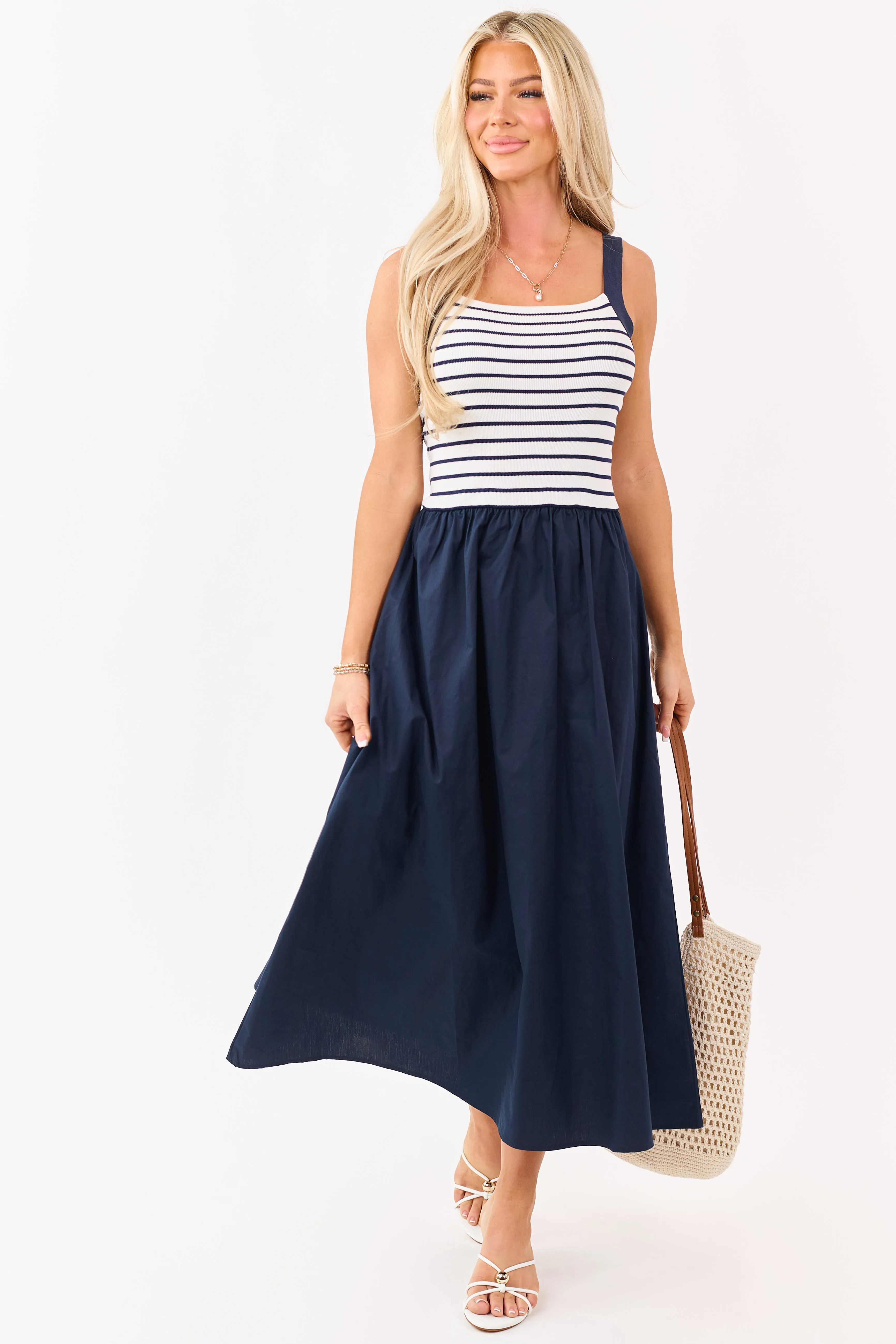 Navy Striped Knit Contrast Cotton Skirt Midi Dress sold by Lime Lush product image thumbnail 3