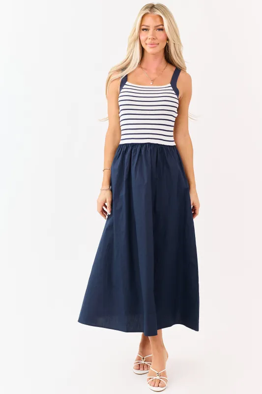 Navy Striped Knit Contrast Cotton Skirt Midi Dress made by Blu Pepper