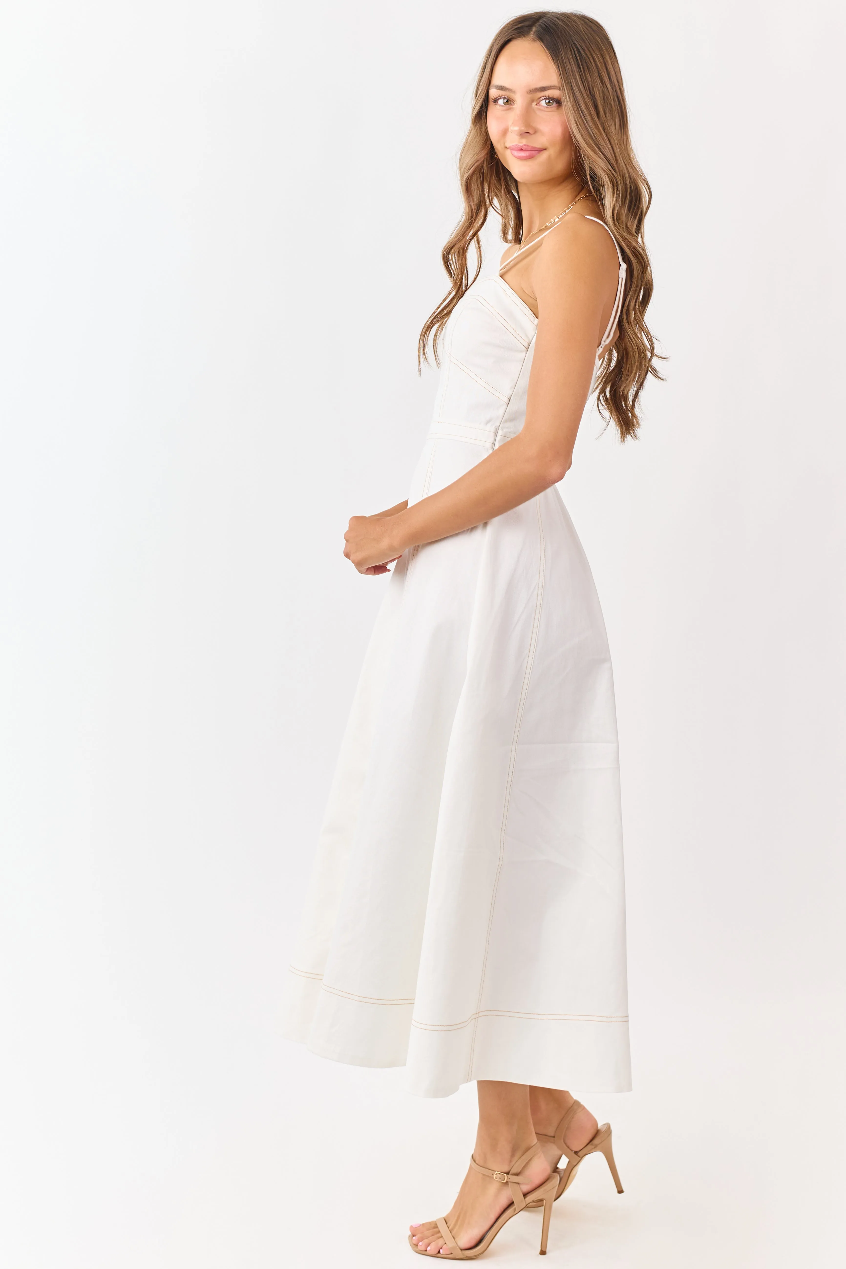 Ivory Contrast Stitch Denim A-Line Midi Dress sold by Lime Lush product image thumbnail 5