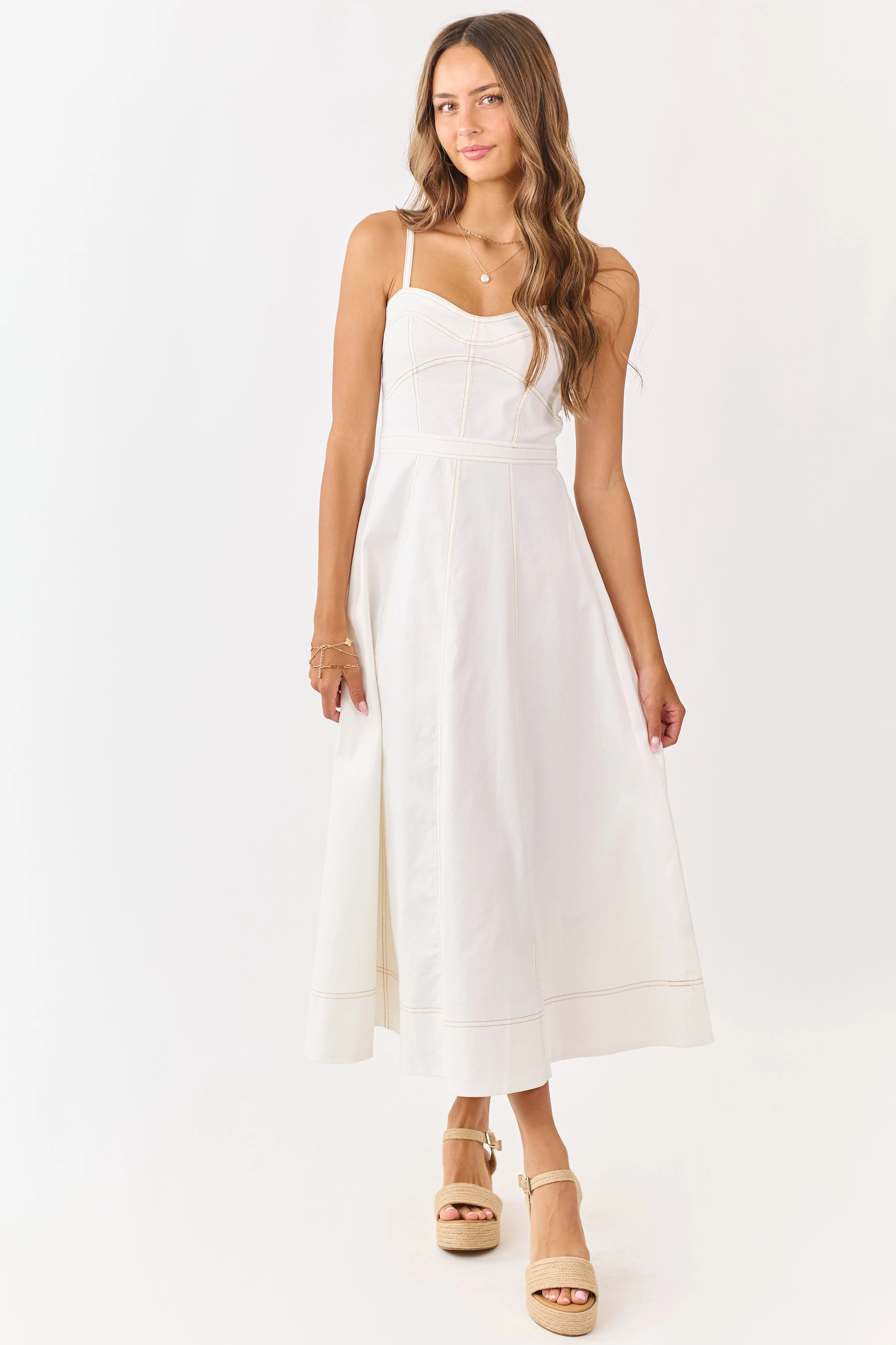 Ivory Contrast Stitch Denim A-Line Midi Dress sold by Lime Lush product image thumbnail 4