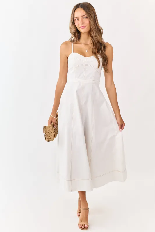 Ivory Contrast Stitch Denim A-Line Midi Dress made by Klesis