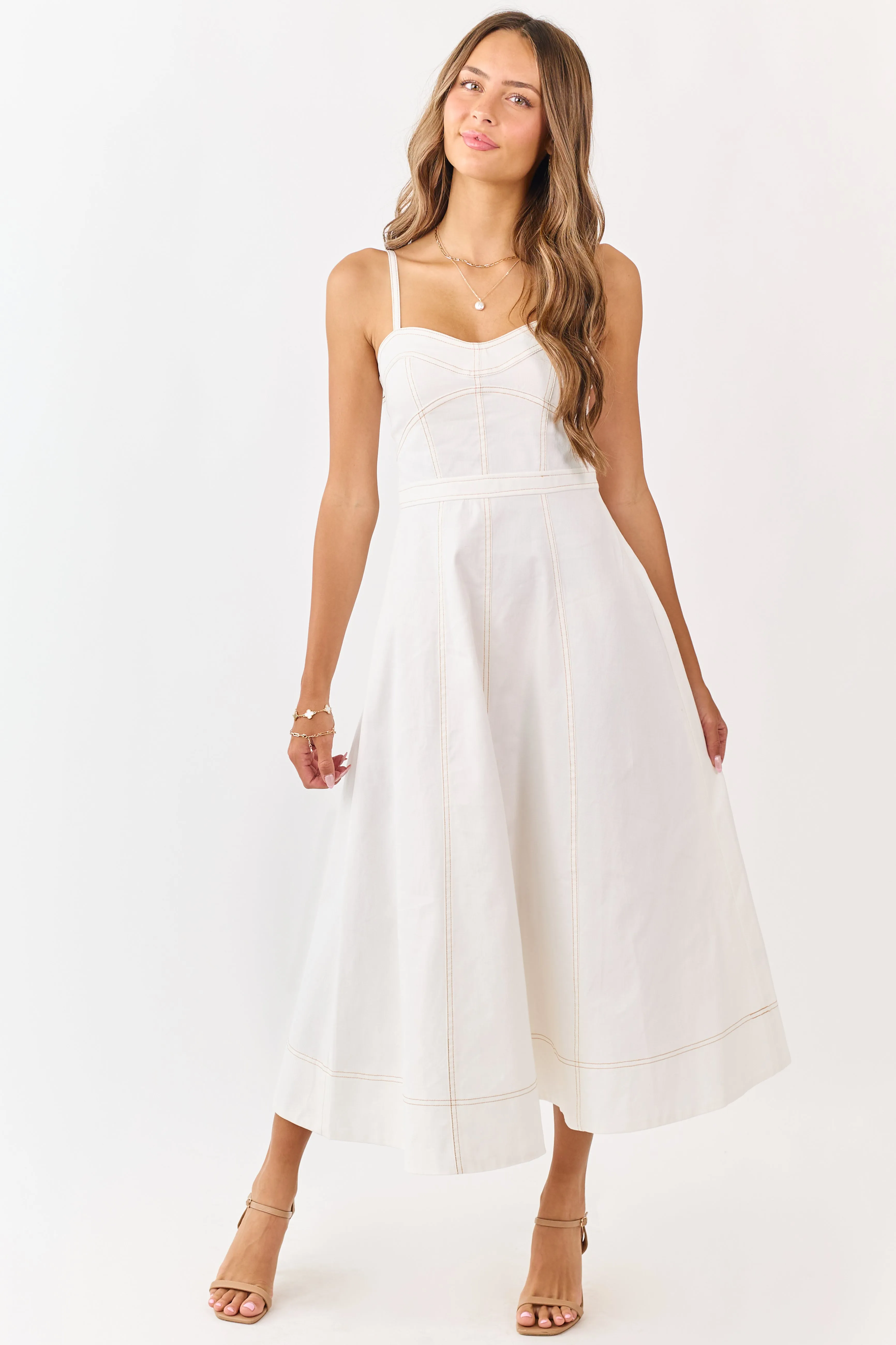 Ivory Contrast Stitch Denim A-Line Midi Dress sold by Lime Lush product image thumbnail 3
