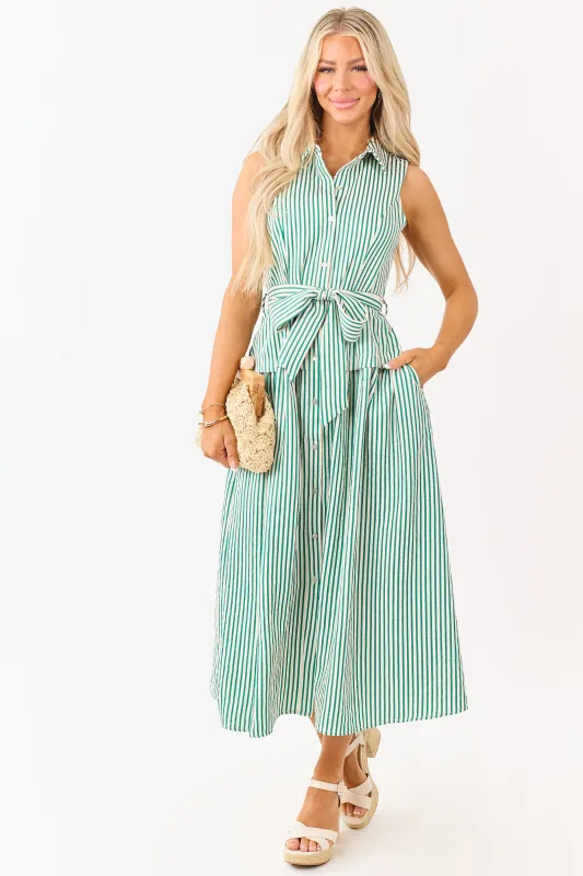 Entro Pine and Cream Striped Waist Tie Midi Dress made by entro