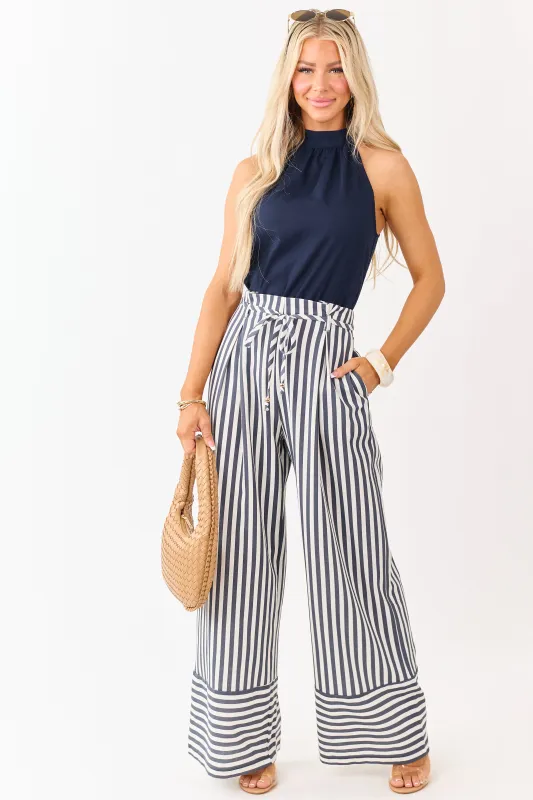 Navy Blue and White Striped Leg Halter Neck Jumpsuit made by Klesis
