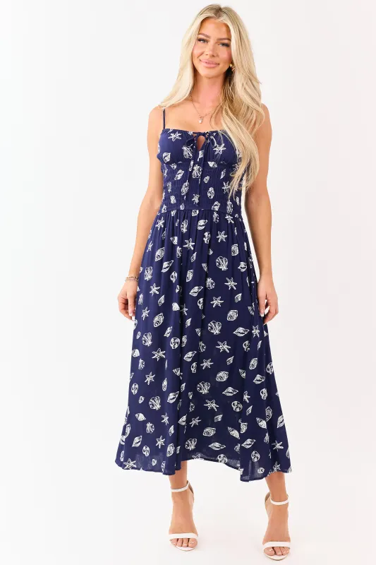 Navy Nautical Print Smocked Waist Midi Dress made by Blu Pepper