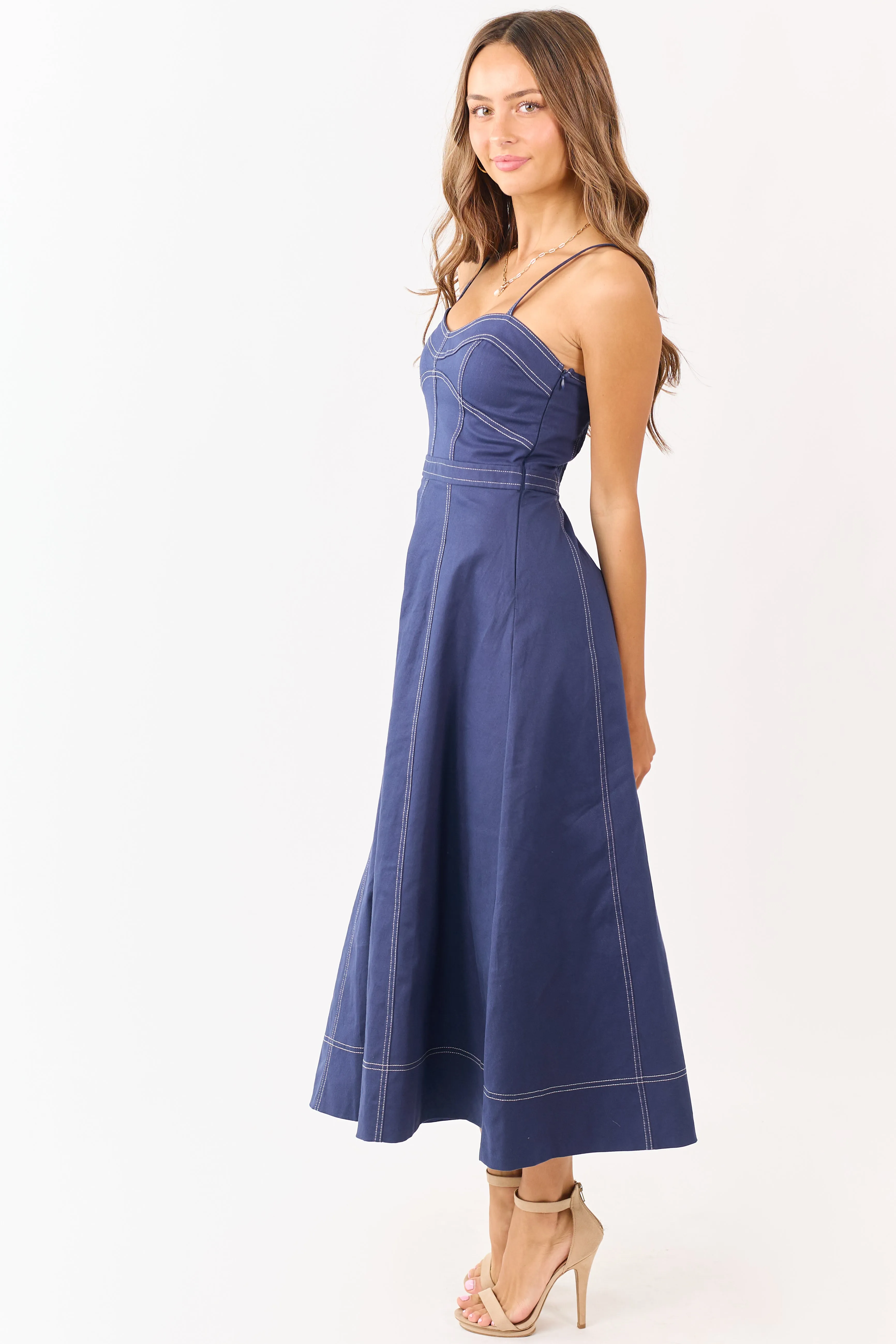 Navy Contrast Stitch Denim A-Line Midi Dress sold by Lime Lush product image thumbnail 4