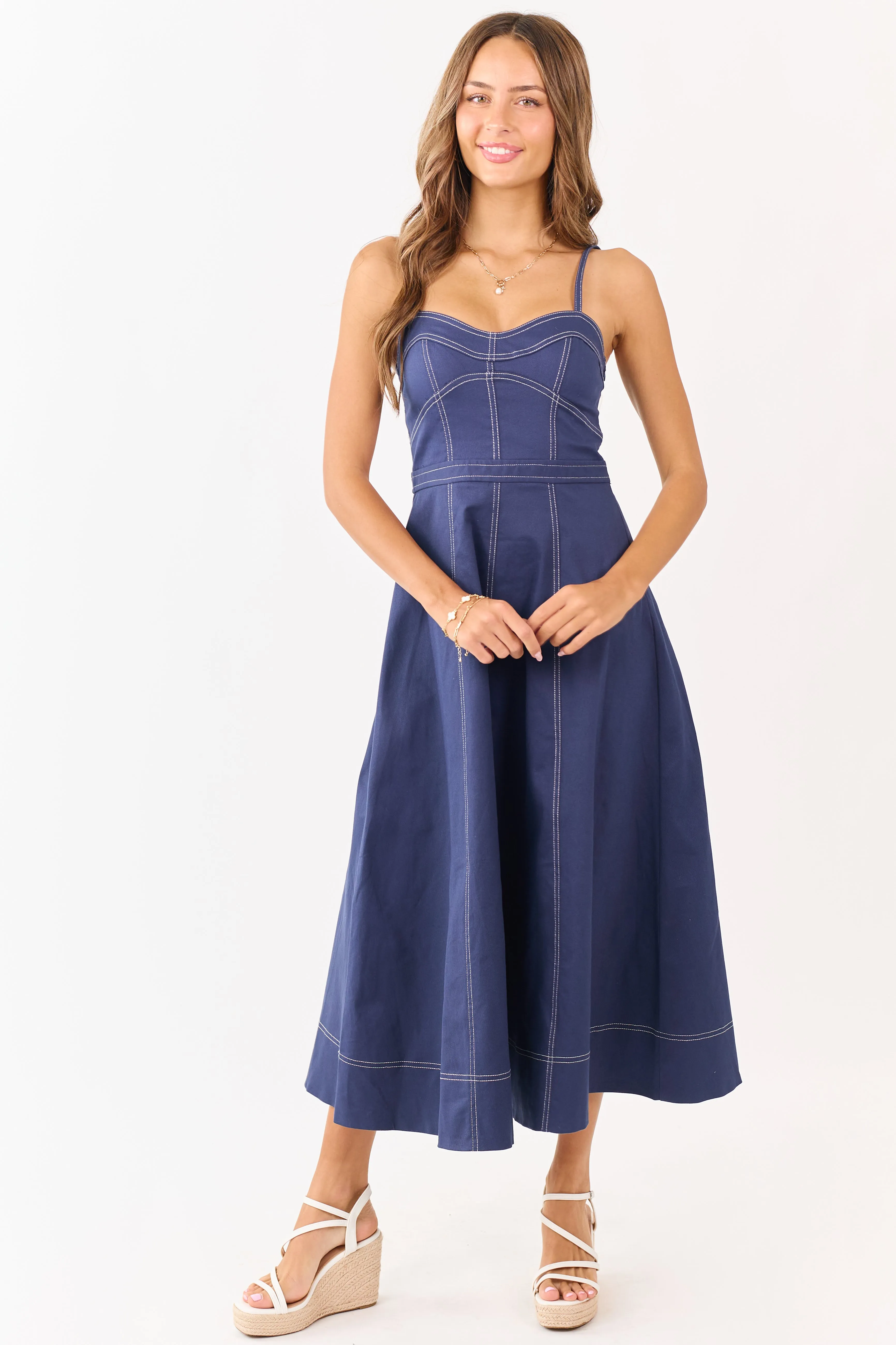 Navy Contrast Stitch Denim A-Line Midi Dress sold by Lime Lush product image thumbnail 2