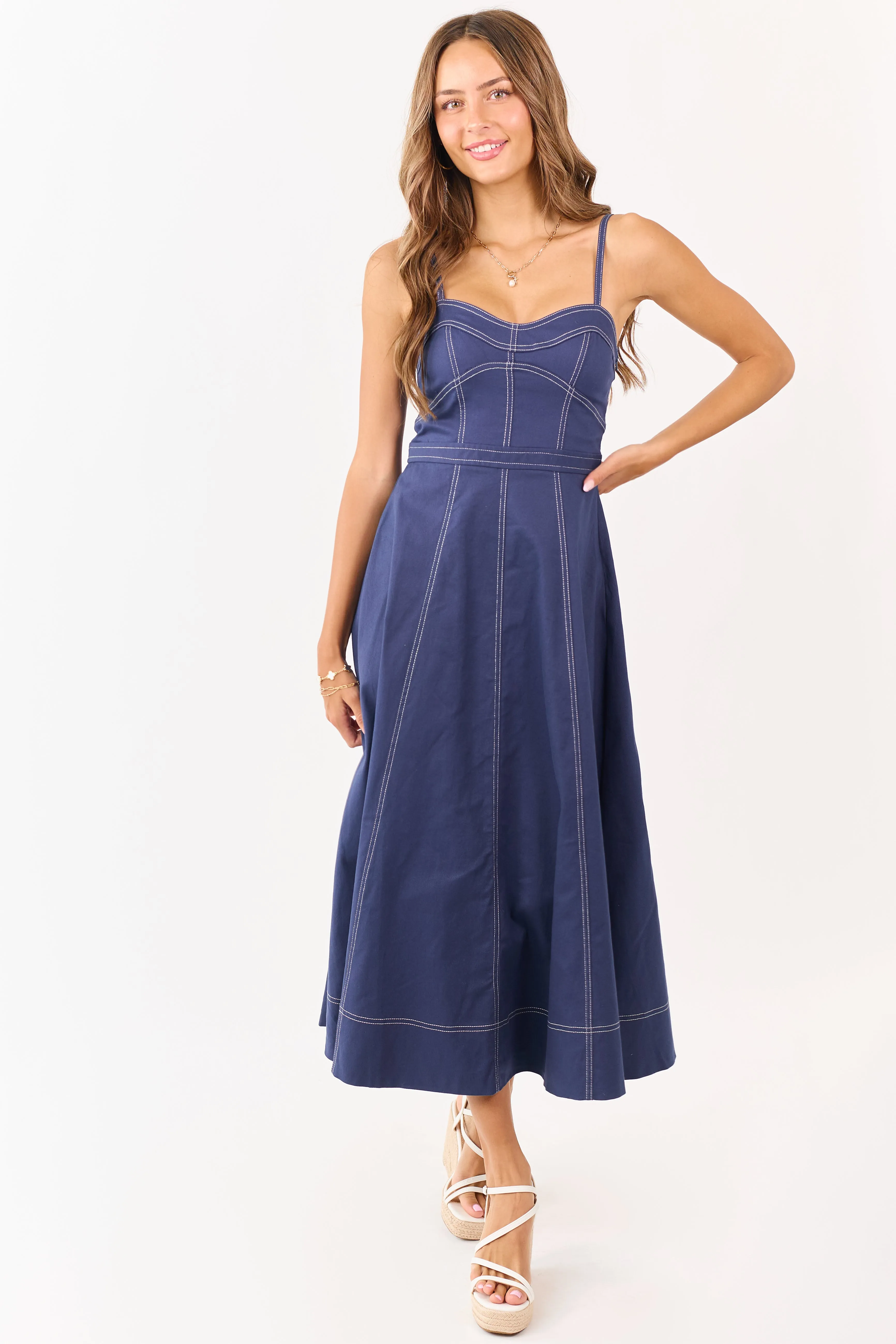Navy Contrast Stitch Denim A-Line Midi Dress sold by Lime Lush product image thumbnail 3
