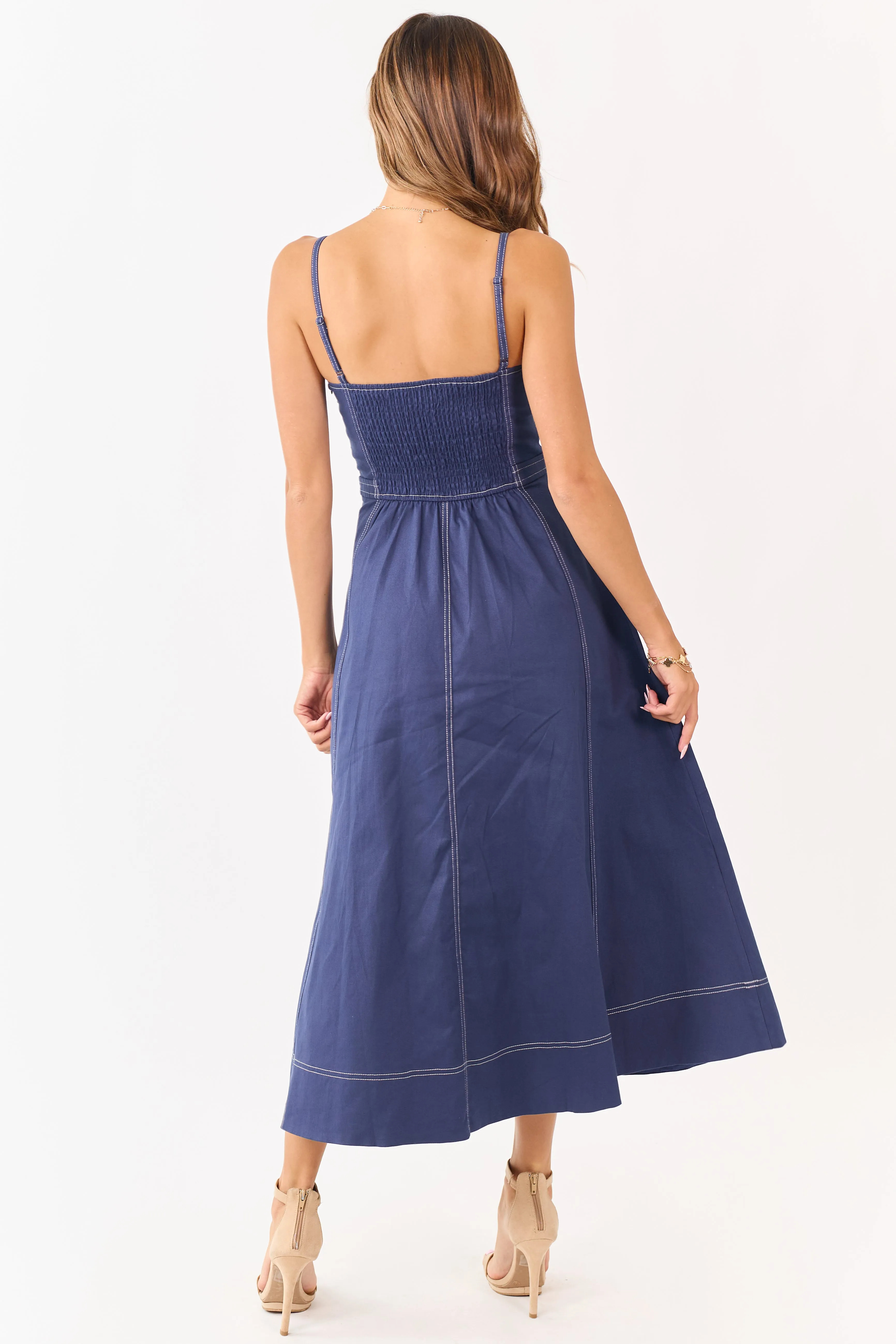 Navy Contrast Stitch Denim A-Line Midi Dress sold by Lime Lush product image thumbnail 5