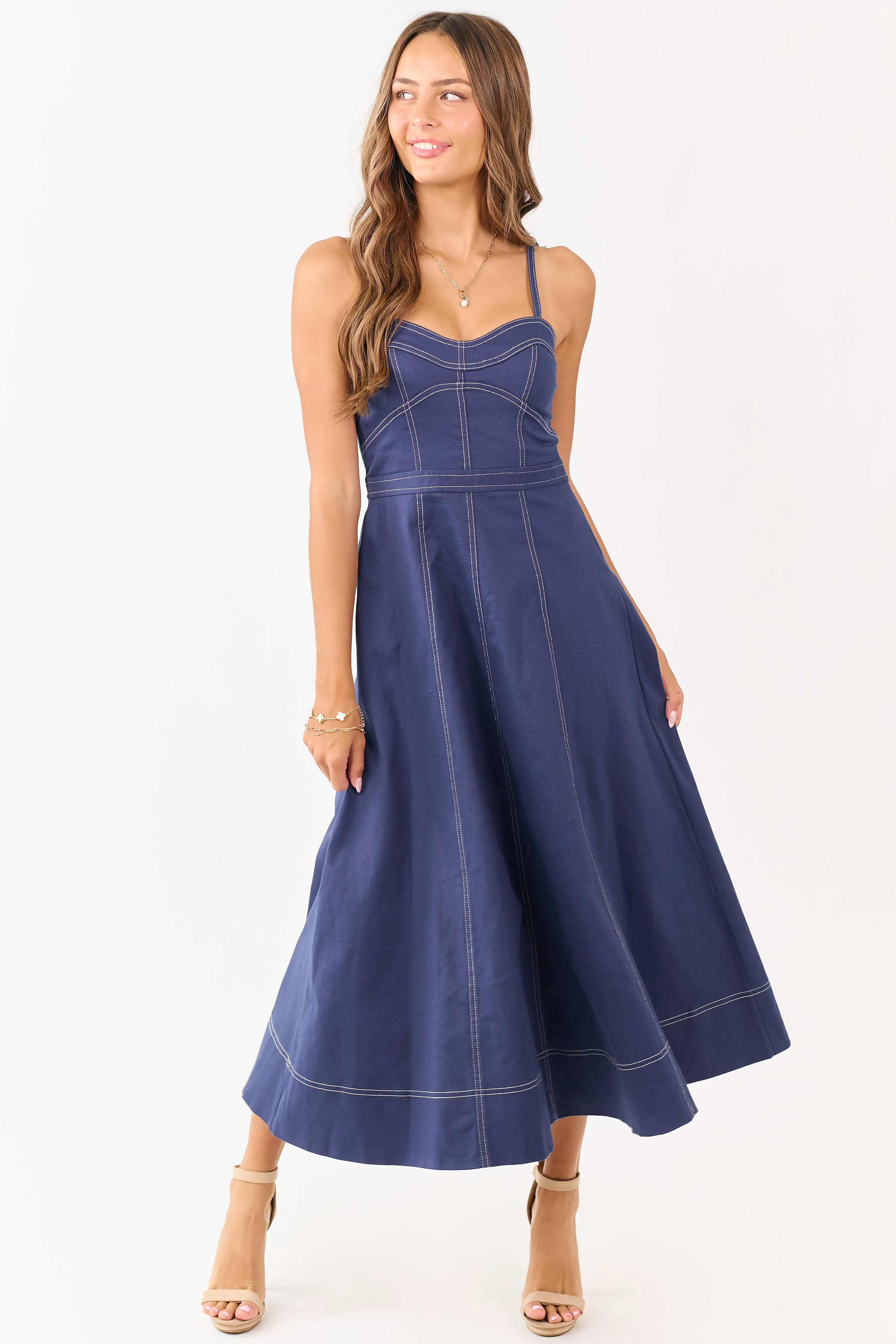 Navy Contrast Stitch Denim A-Line Midi Dress sold by Lime Lush