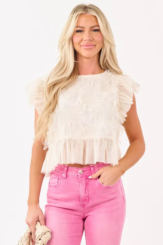 Cream Fringe Tulle Mesh Ruffle Trim Top sold by Lime Lush