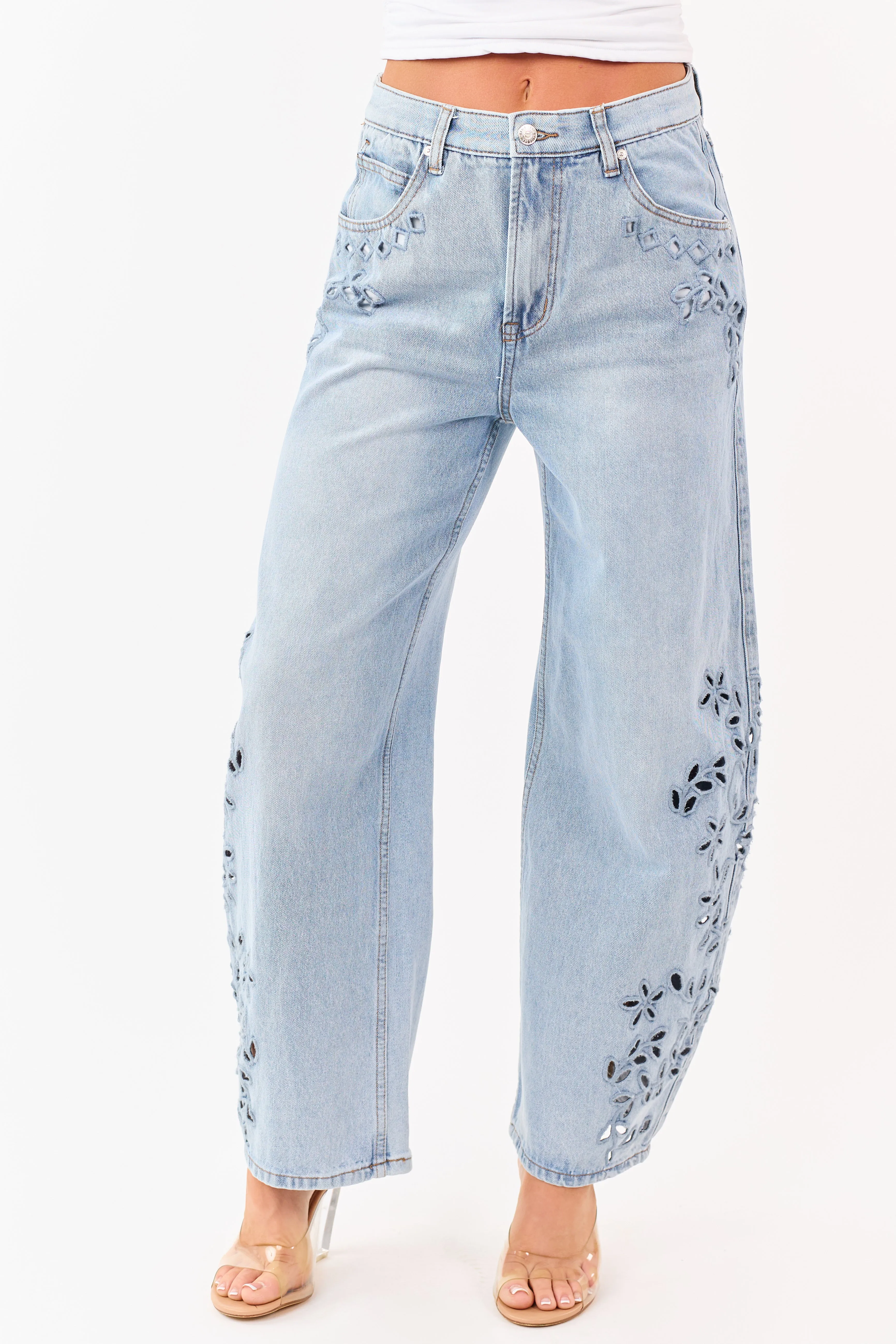 Saige Light Embroidered Tummy Control Barrel Jeans sold by Lime Lush product image thumbnail 3