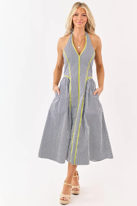 Entro Navy Striped Cotton Halter Midi Dress made by entro