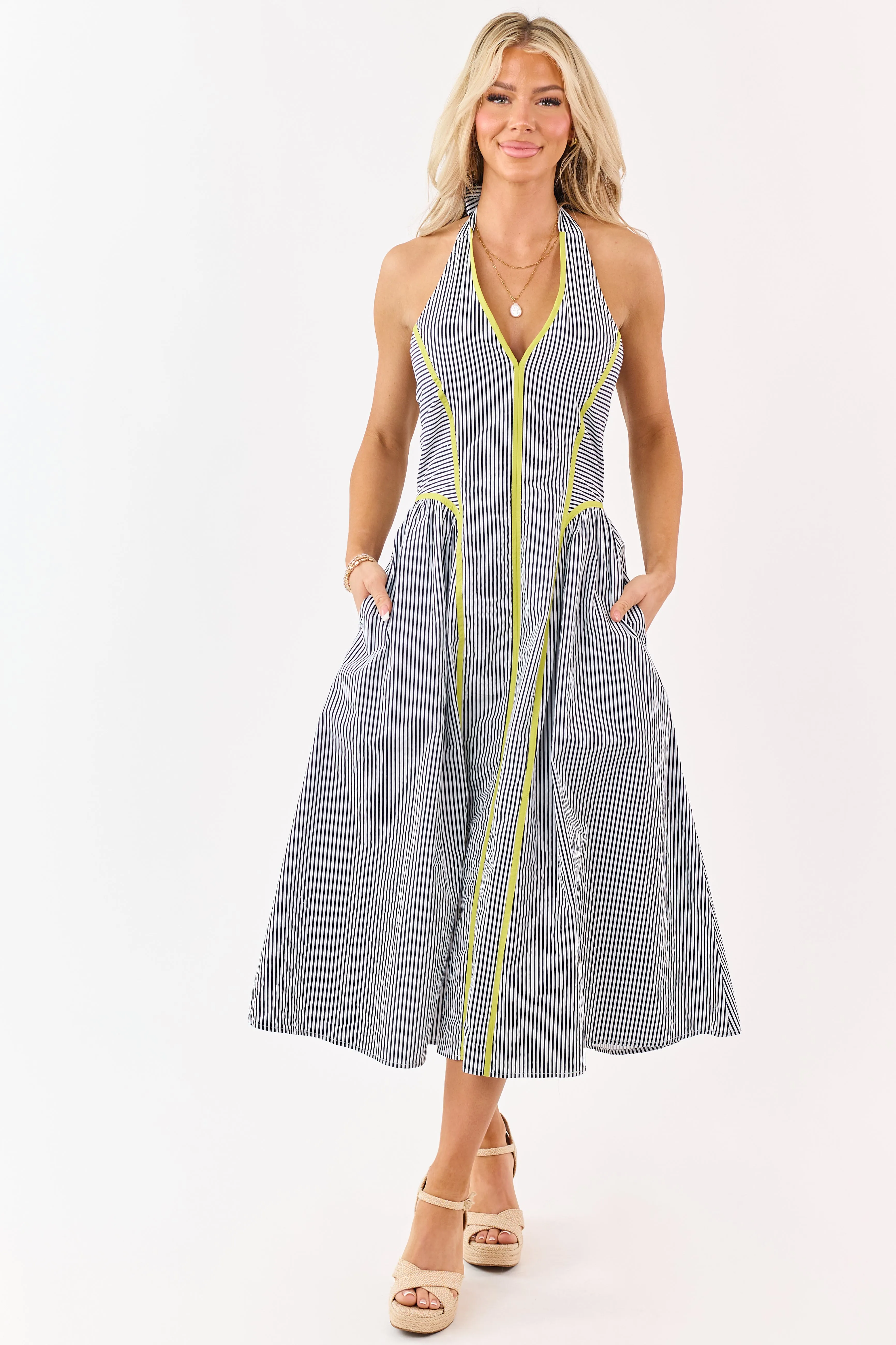 Entro Navy Striped Cotton Halter Midi Dress sold by Lime Lush