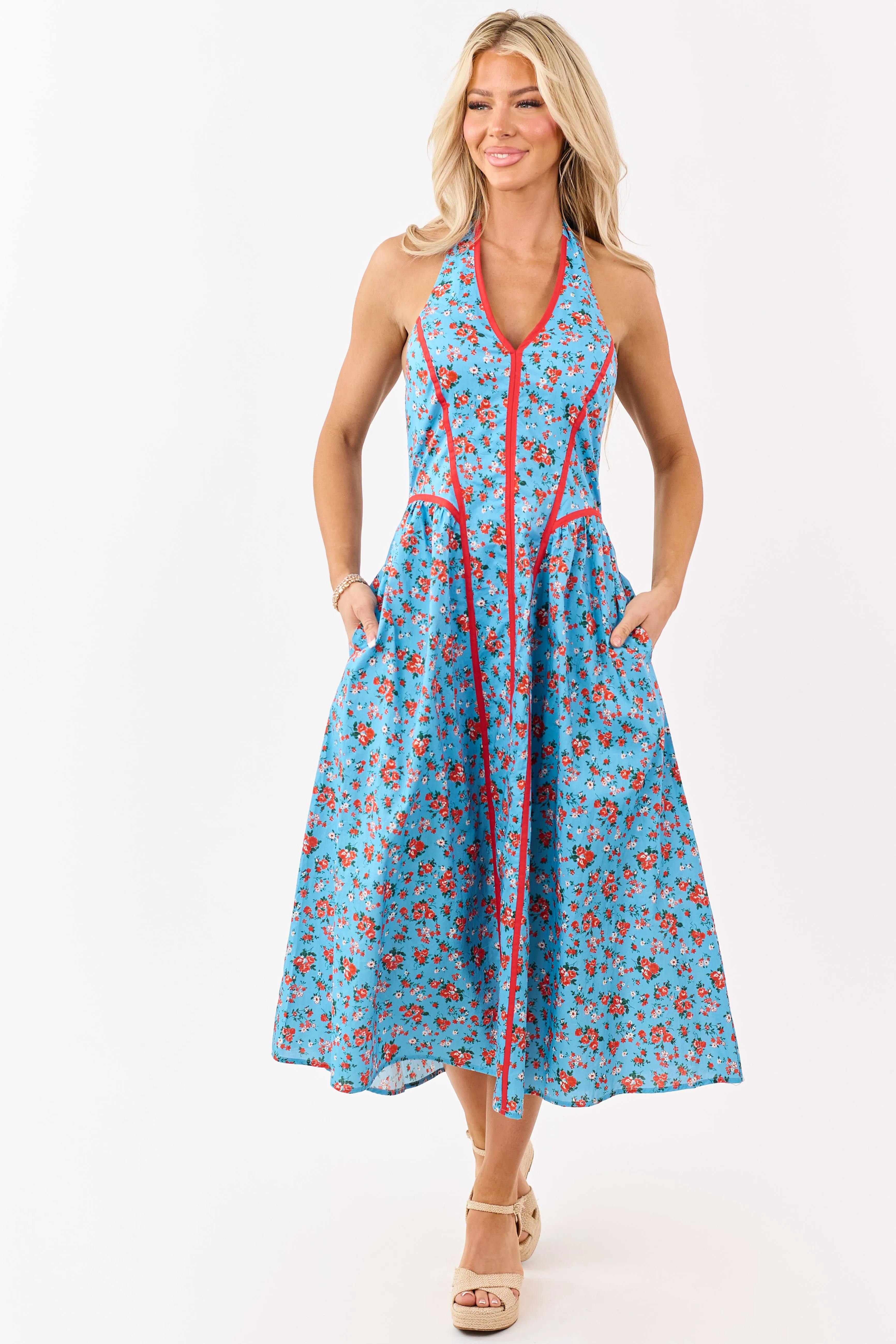 Entro Cornflower Floral Print Cotton Midi Dress sold by Lime Lush