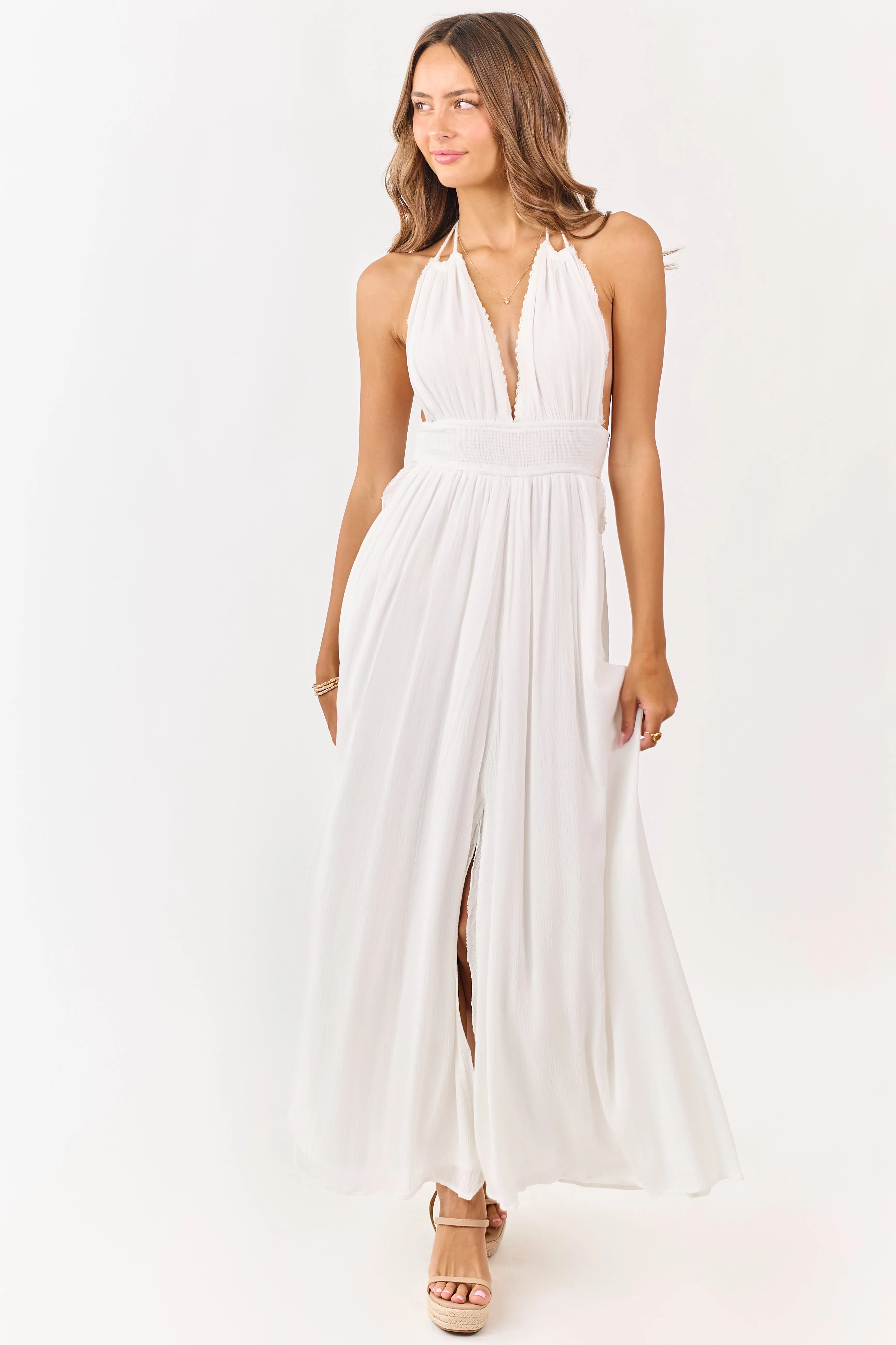 White Halter Neck Smocked Waist Maxi Dress sold by Lime Lush product image thumbnail 2