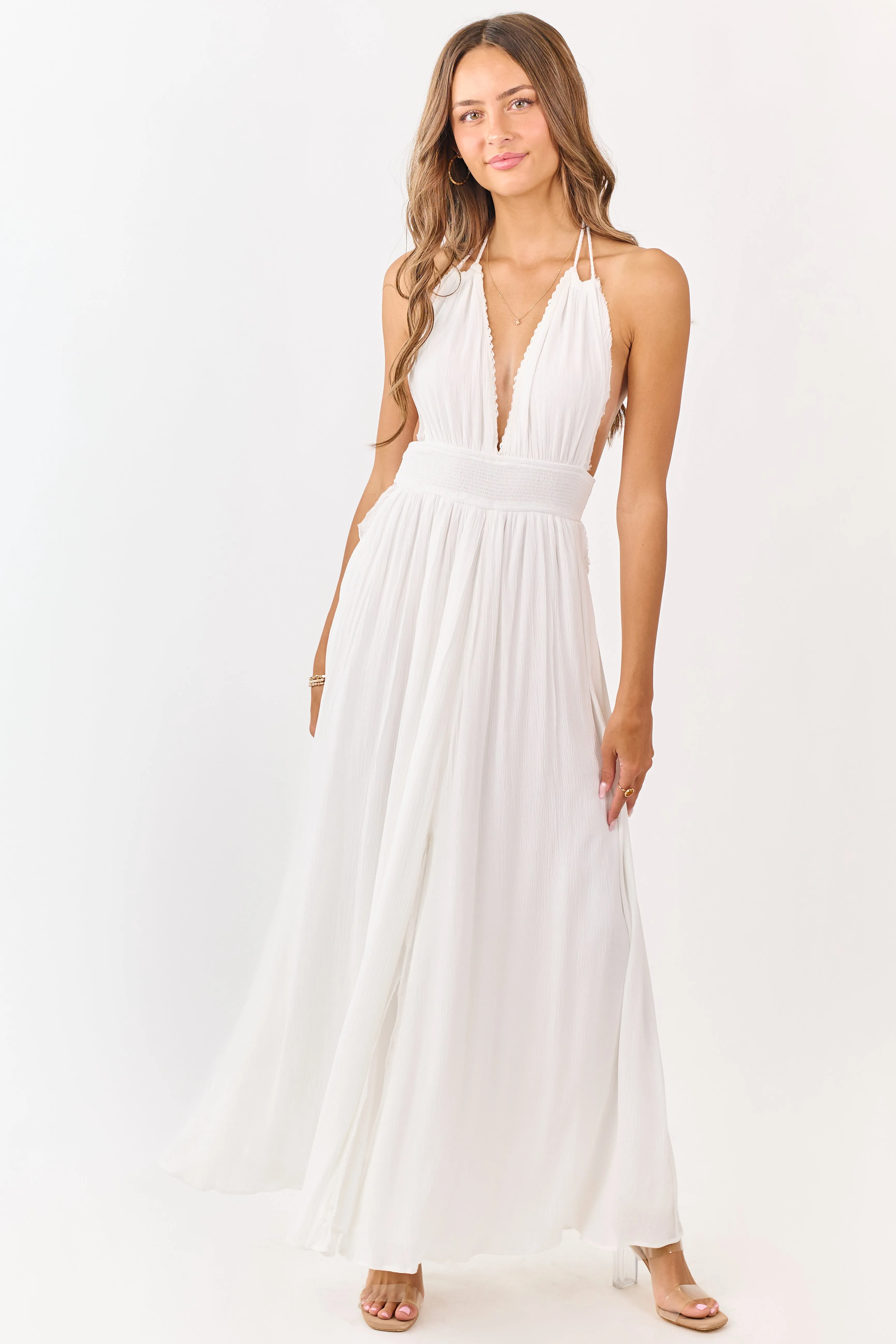 White Halter Neck Smocked Waist Maxi Dress sold by Lime Lush product image thumbnail 3