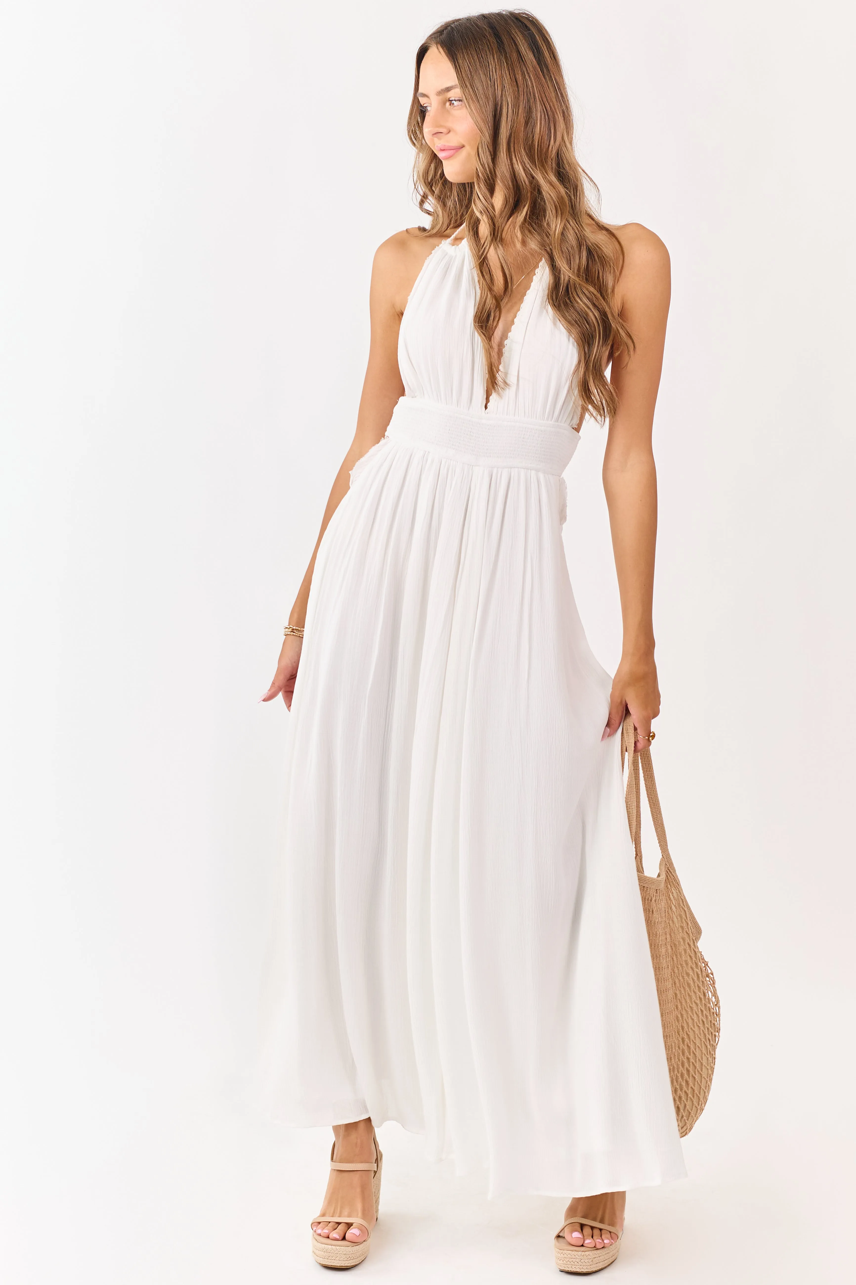 White Halter Neck Smocked Waist Maxi Dress sold by Lime Lush product image thumbnail 4