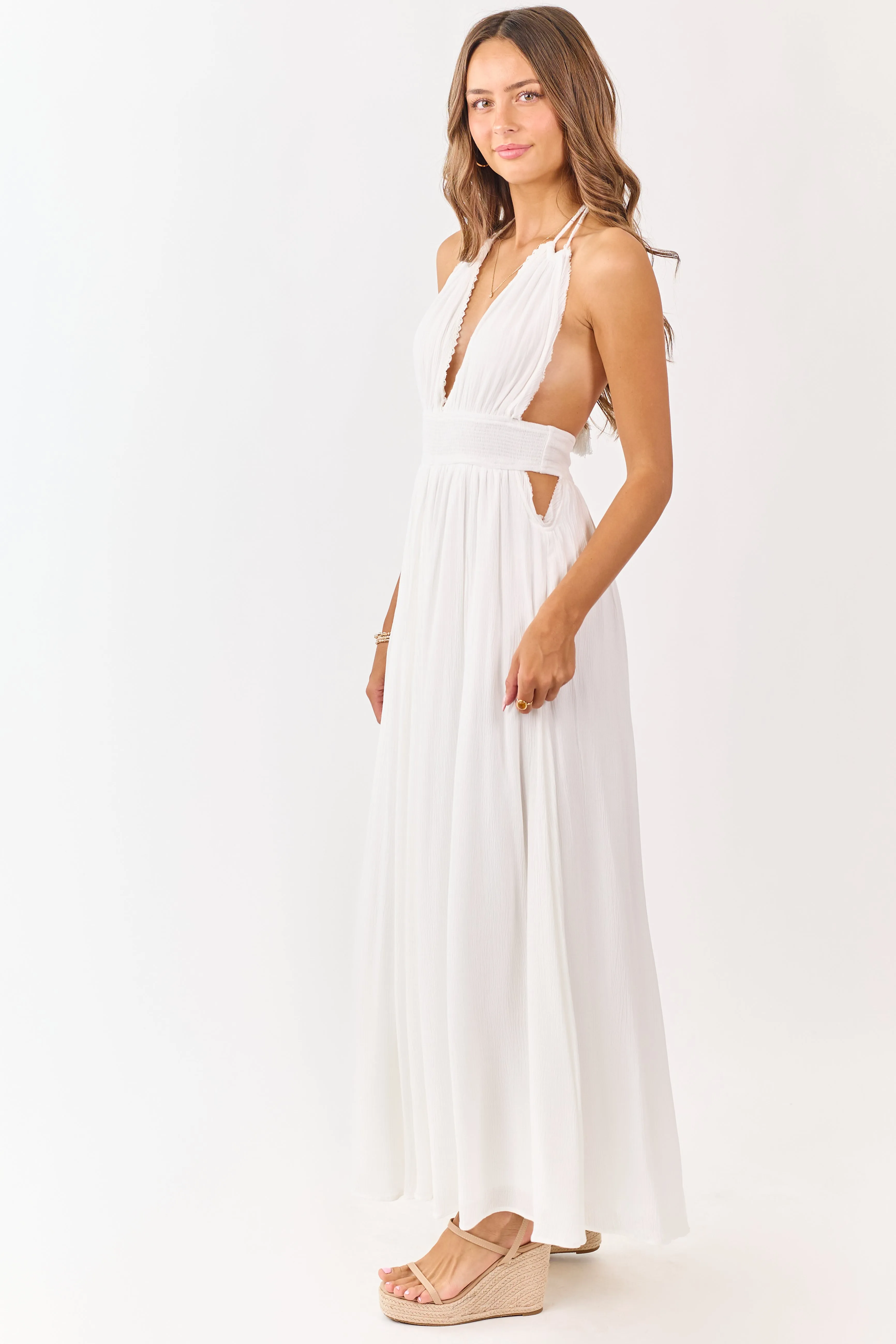 White Halter Neck Smocked Waist Maxi Dress sold by Lime Lush product image thumbnail 5