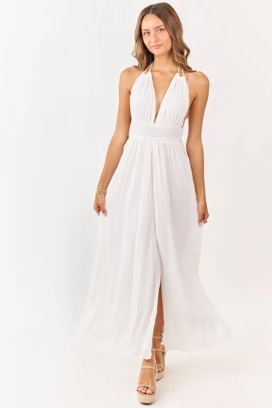 White Halter Neck Smocked Waist Maxi Dress made by Klesis